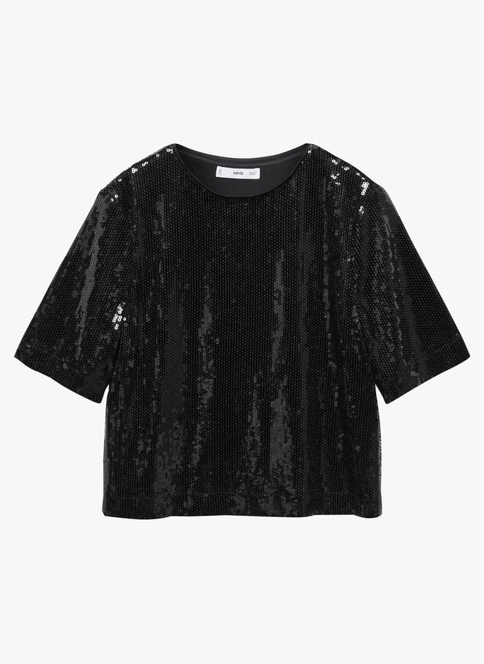 Camiseta recta con cuello redondo y lentejuelas en negro