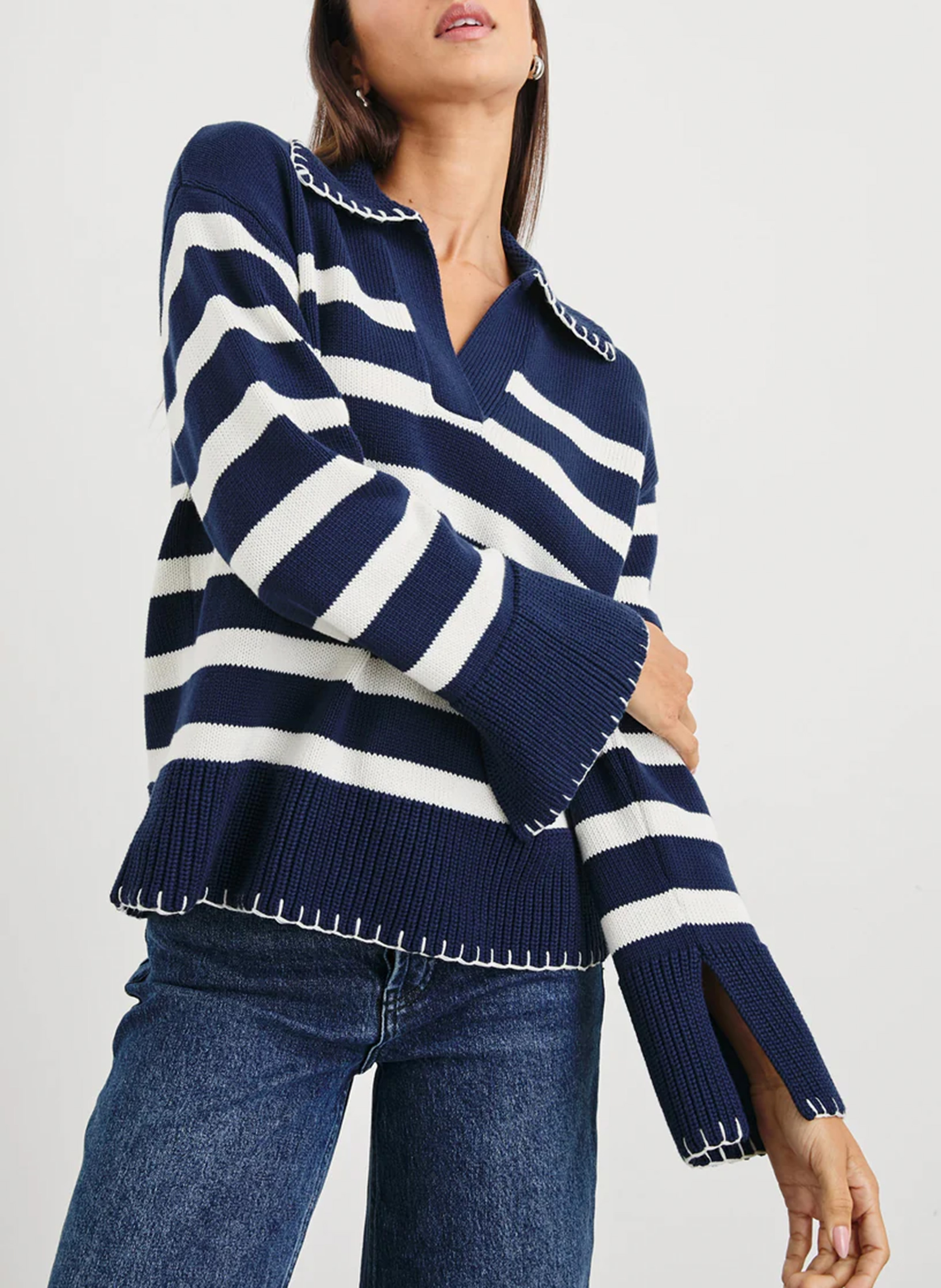 Pull col classique rayé en coton RAILS Bleu