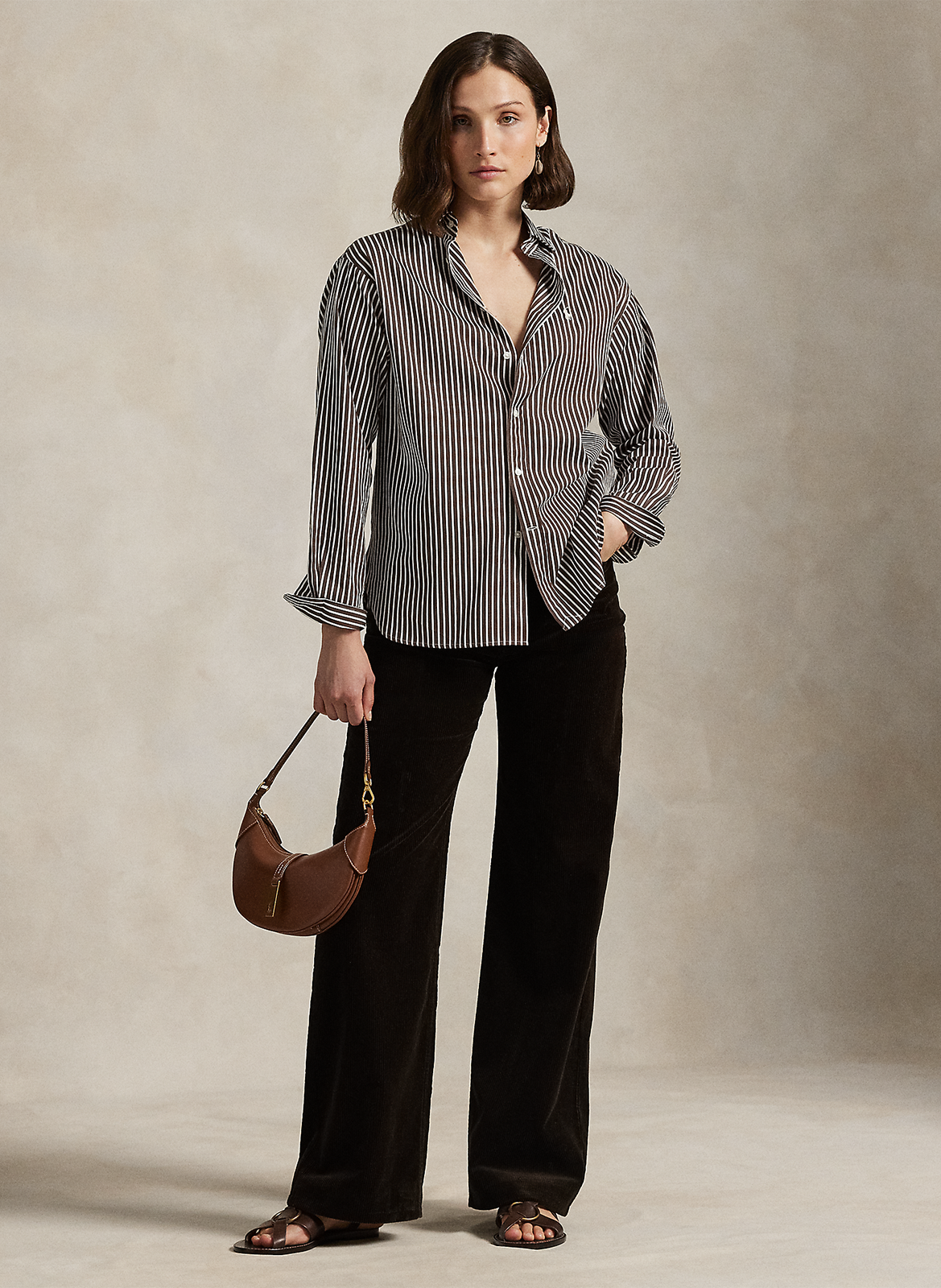 Chemise droite col polo en coton rayé POLO RALPH LAUREN Marron