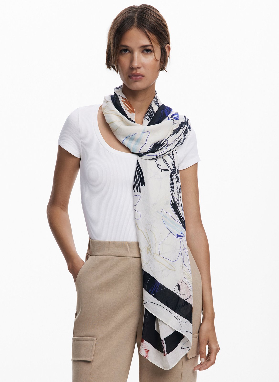 Foulard uni avec imprimé fleurs DESIGUAL Blanc