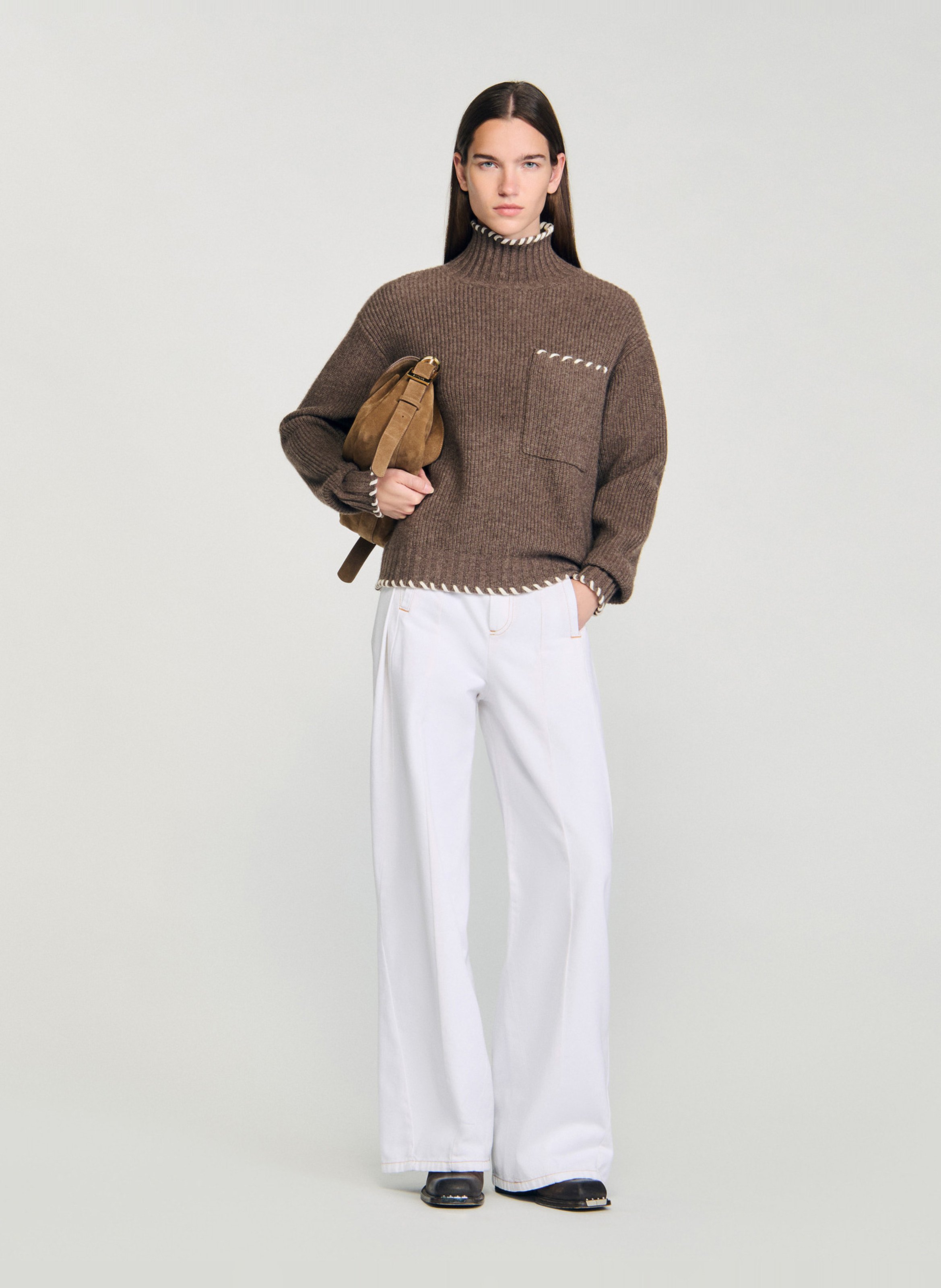 Pull col montant ample en laine mélangée SANDRO Marron