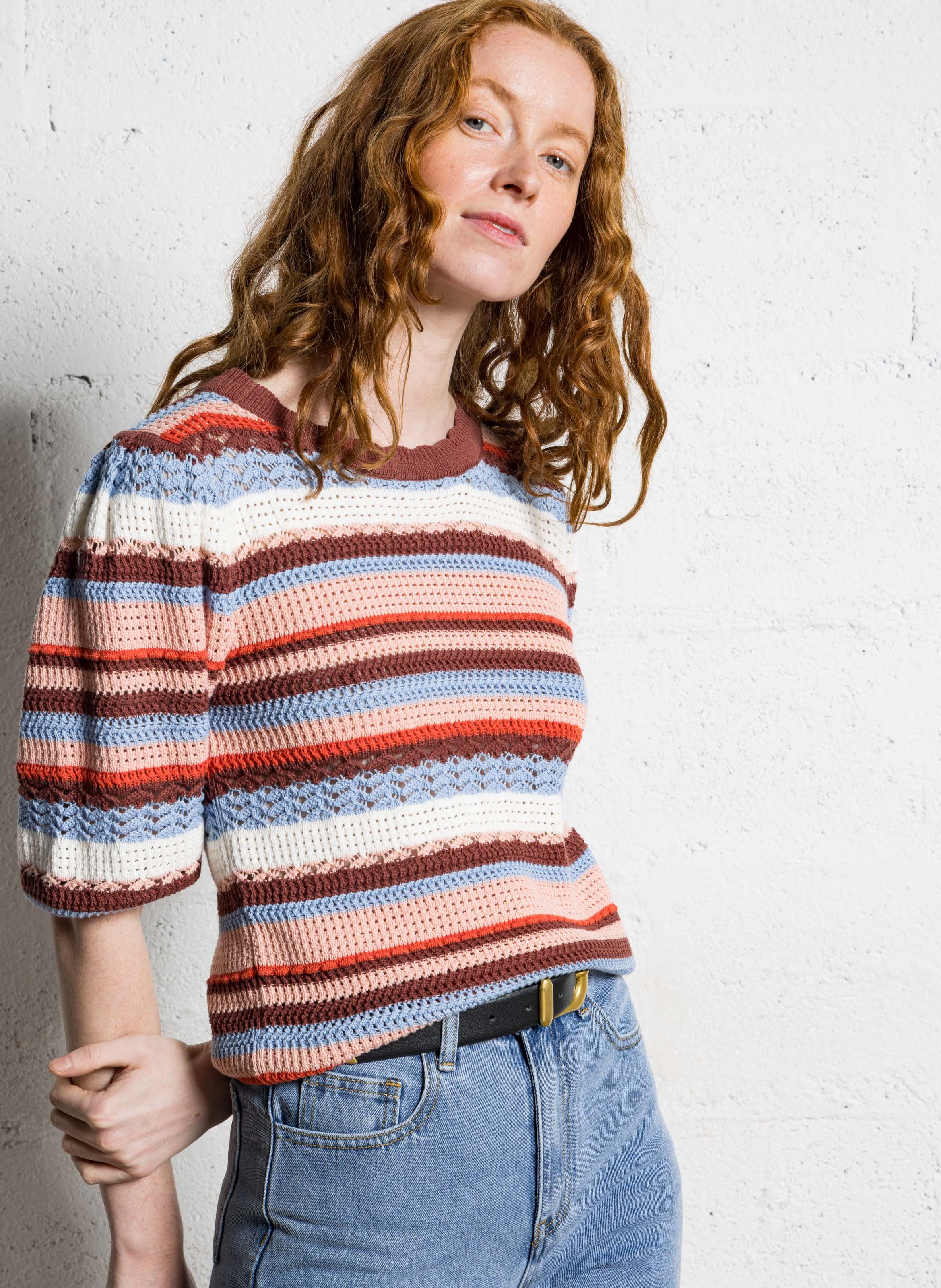 Pull manches courtes rayé en crochet SUNCOO Marron