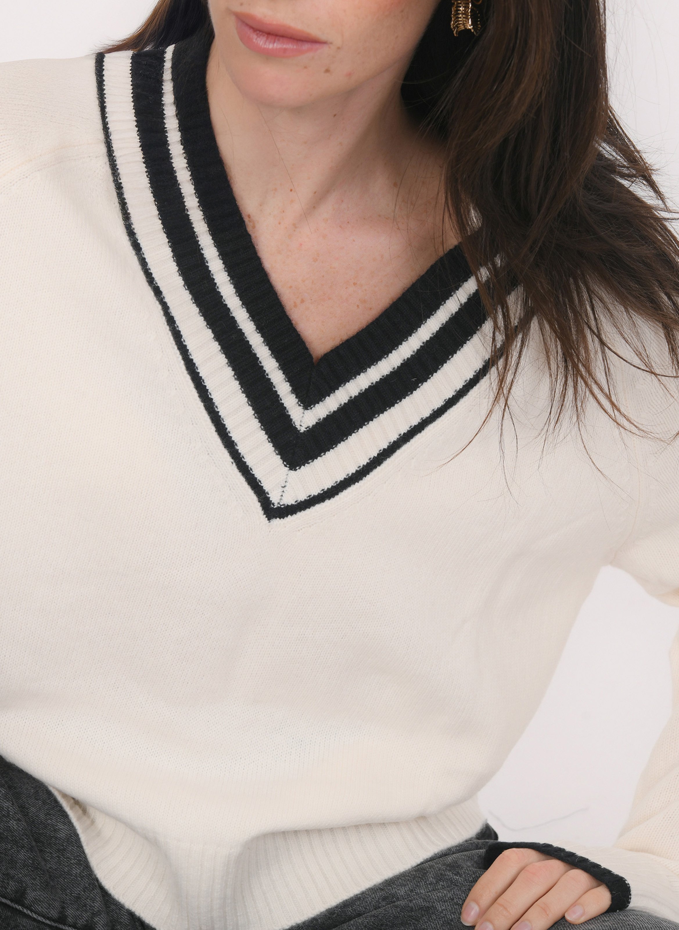 Pull oversize col V en laine et cachemire KOOKAI Blanc