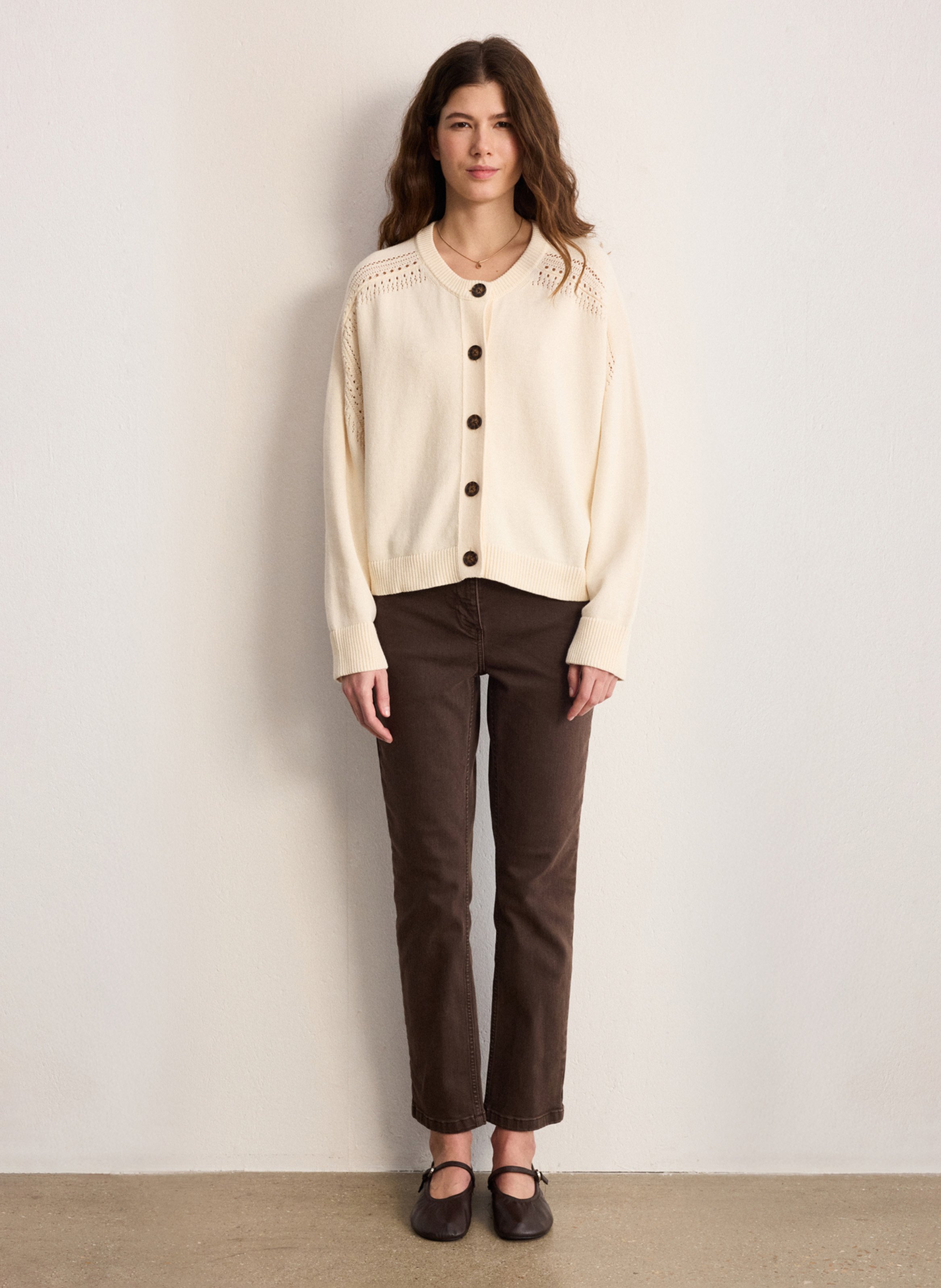 Straight round-neck cotton cardigan PABLO Beige