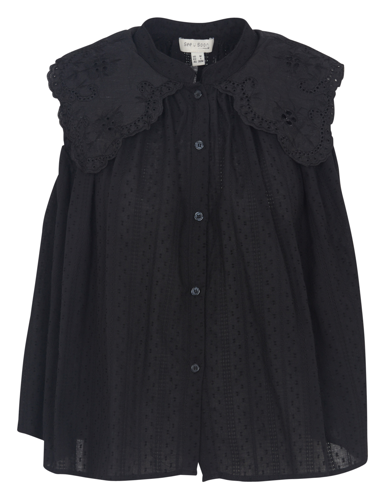 Top oversize col mao en coton brodé SEE U SOON Noir