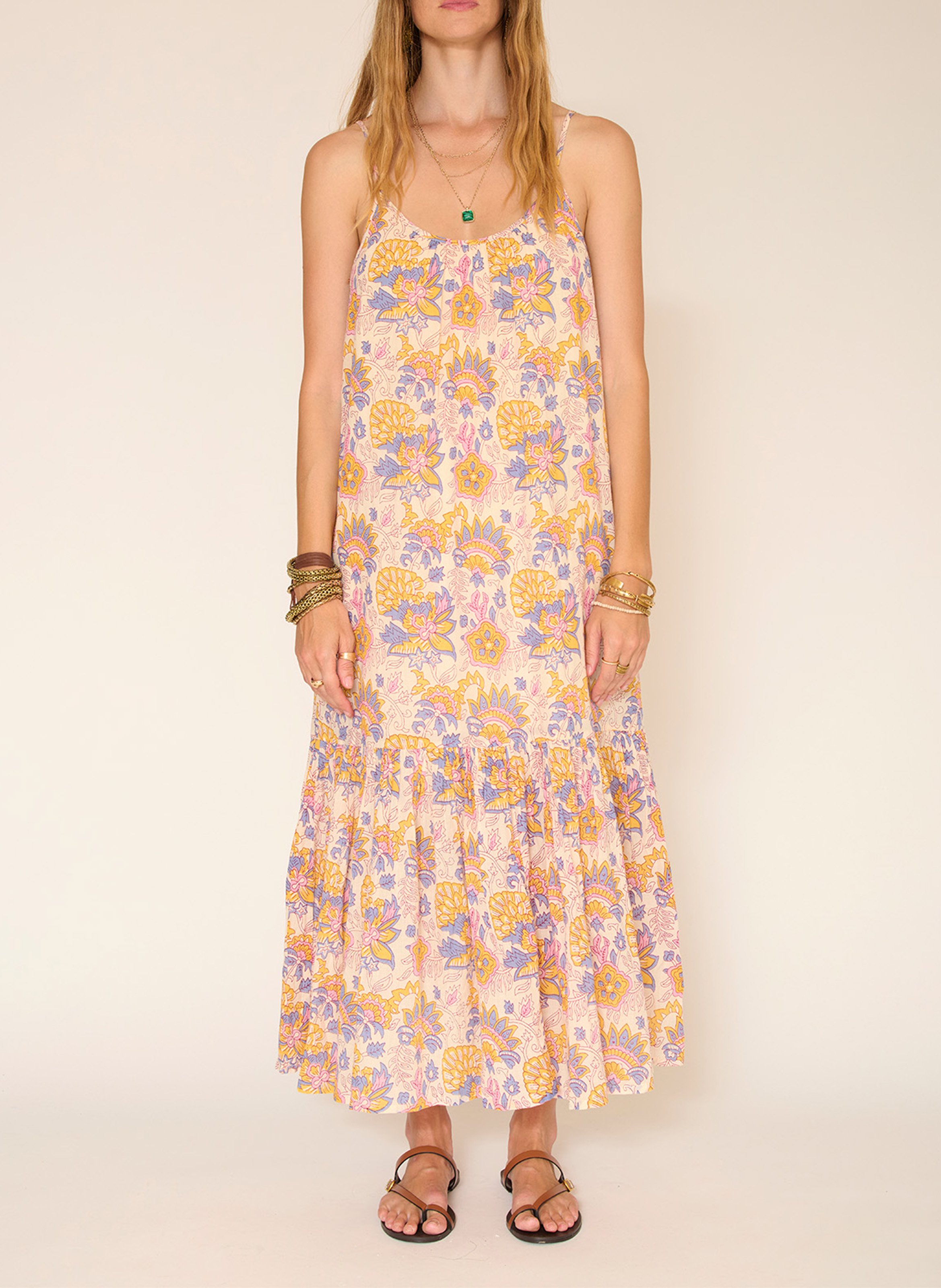 Langes Baumwollkleid mit Rundhalsausschnitt mit Print MKT Beige