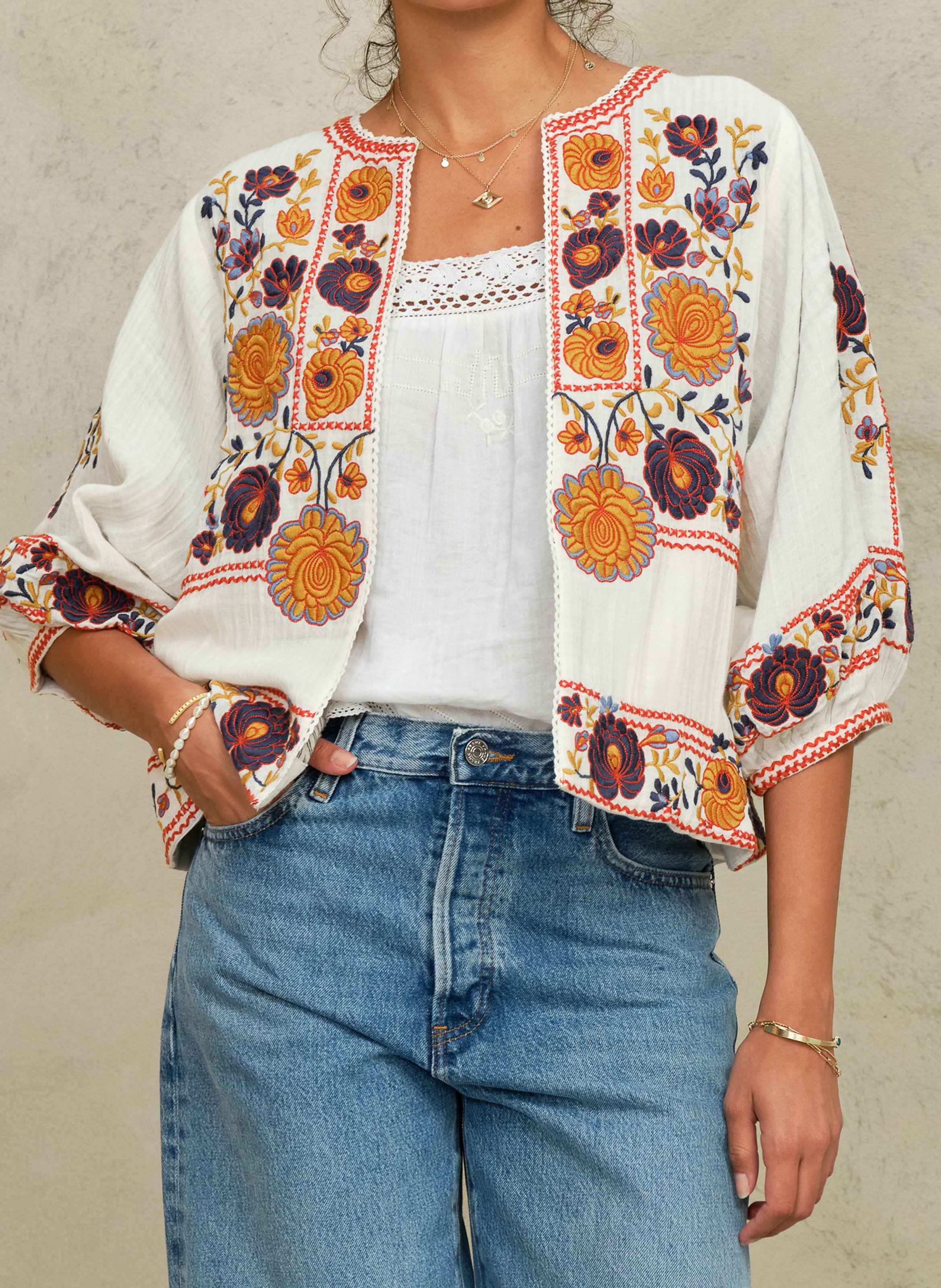 Veste oversize col rond en coton brodé M.A.B.E Blanc