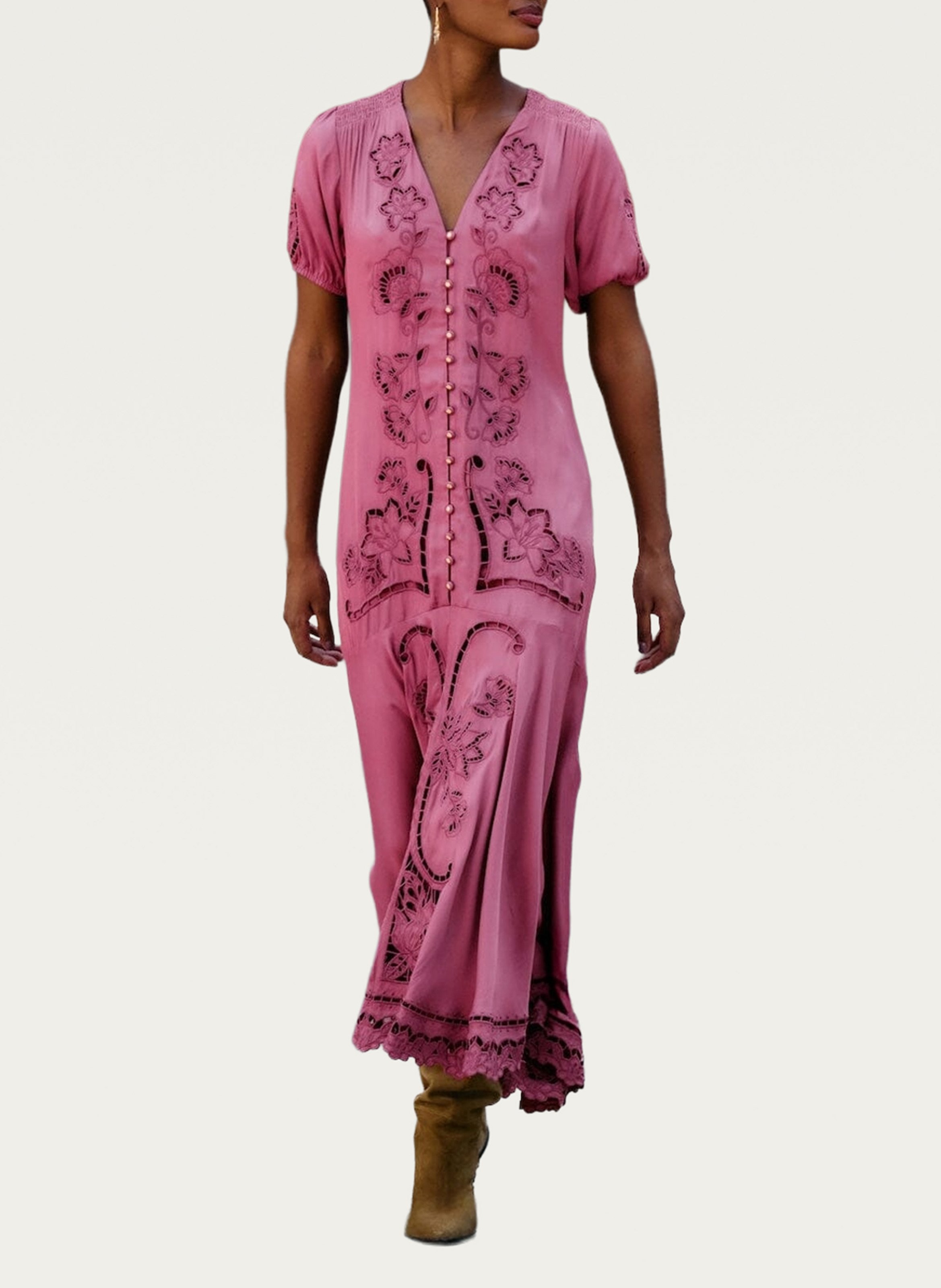 Robe longue col rond brodée  FARM RIO Rose