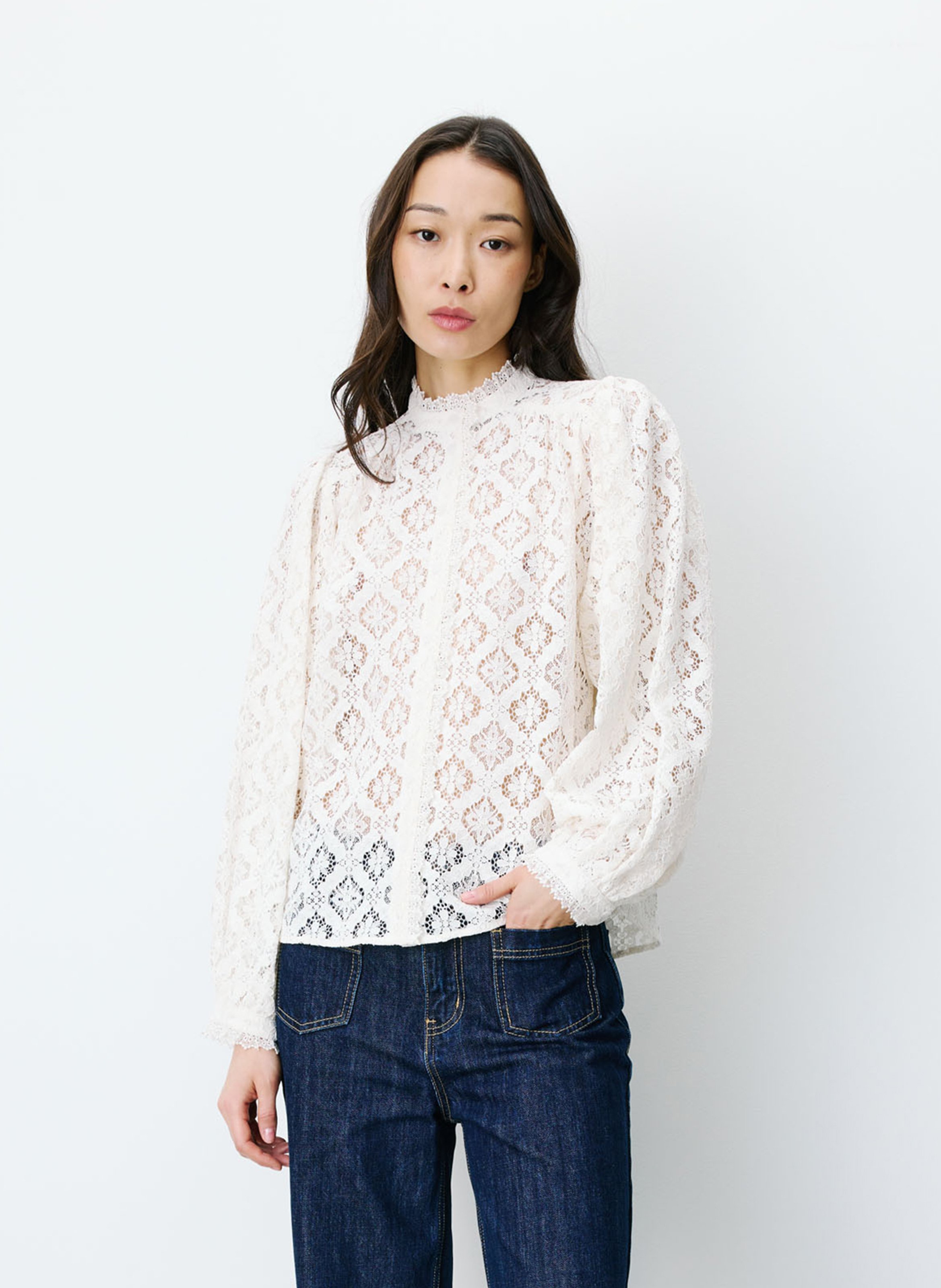 Chemise droite à dentelle GRACE ET MILA Blanc
