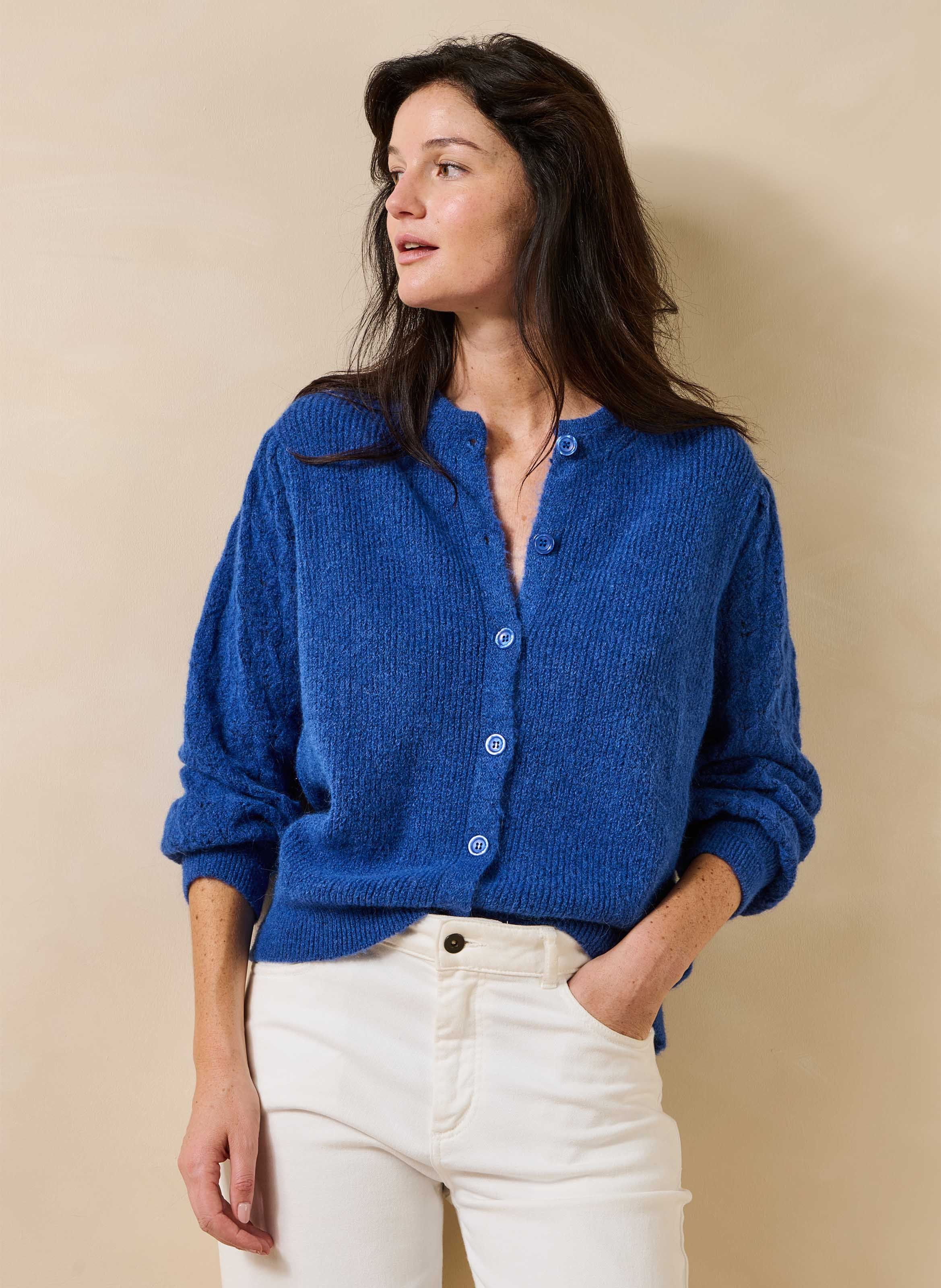 Loose-fit mixed-knit cardigan with round neck LA FEE MARABOUTEE Blue