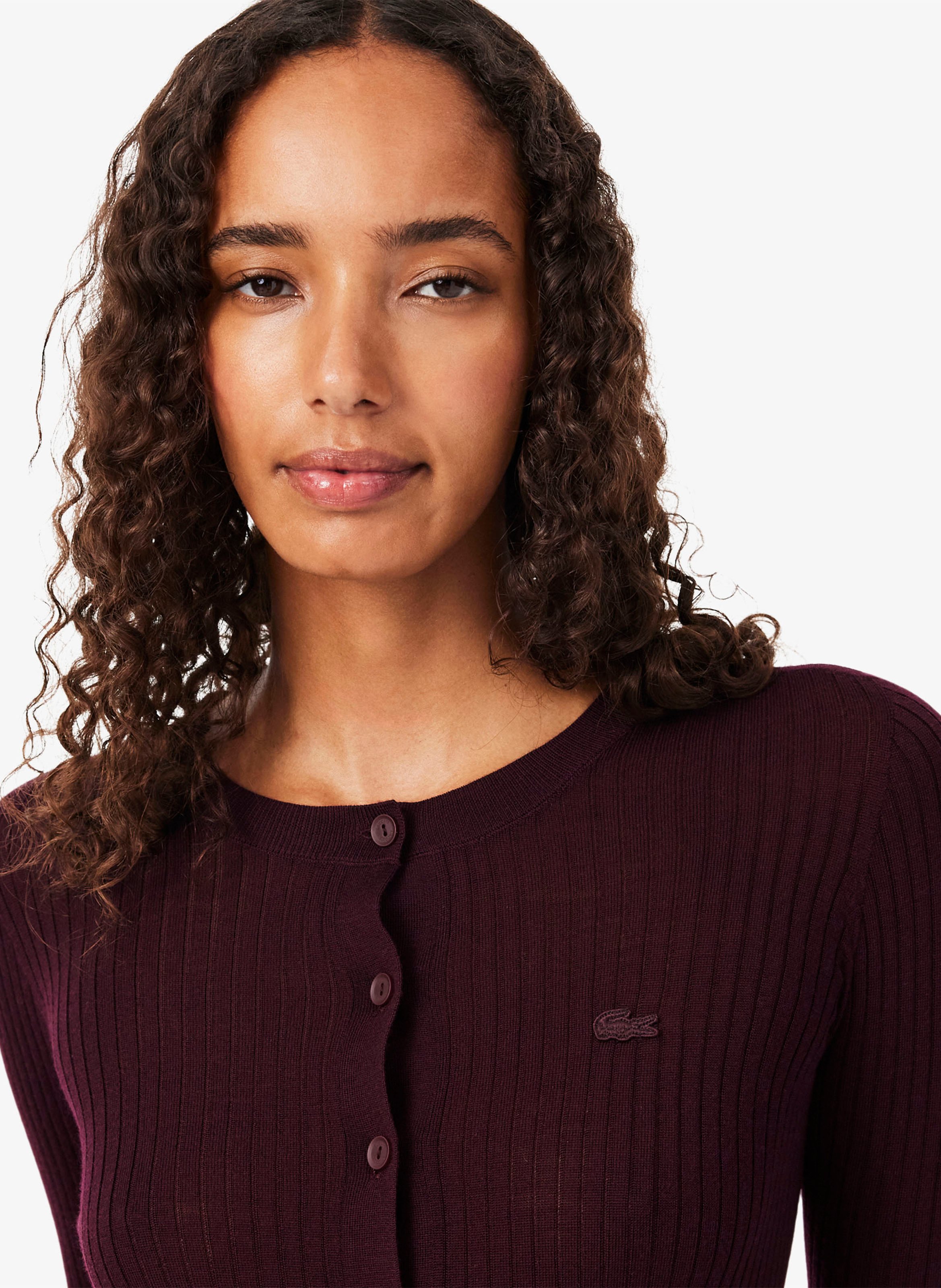 Cardigan moulant côtelé en laine LACOSTE Rouge