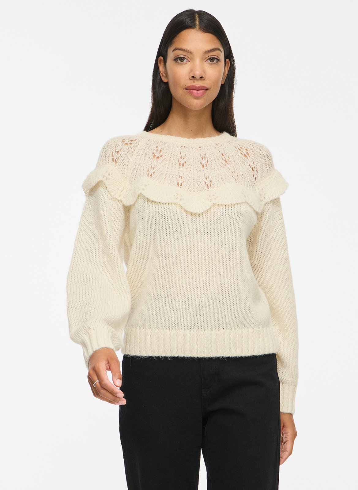 Pull col rond droit uni à volants VILA Beige