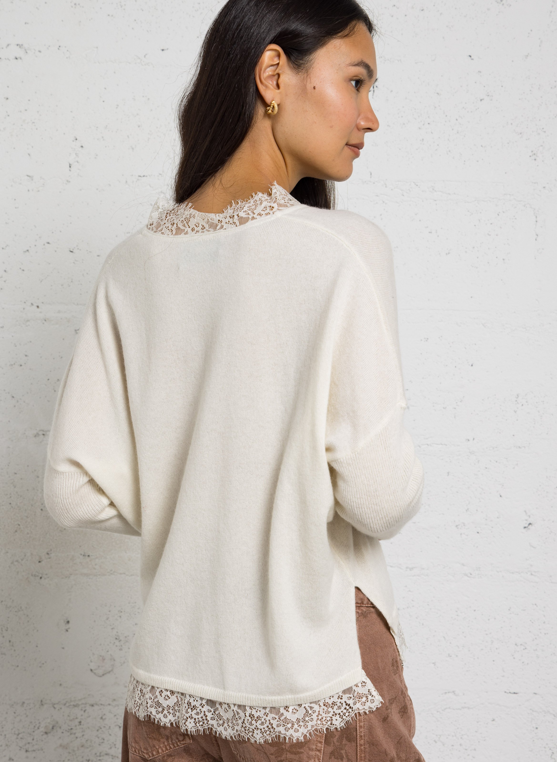 Weiter Wollpullover mit V-Ausschnitt BERENICE Weiss