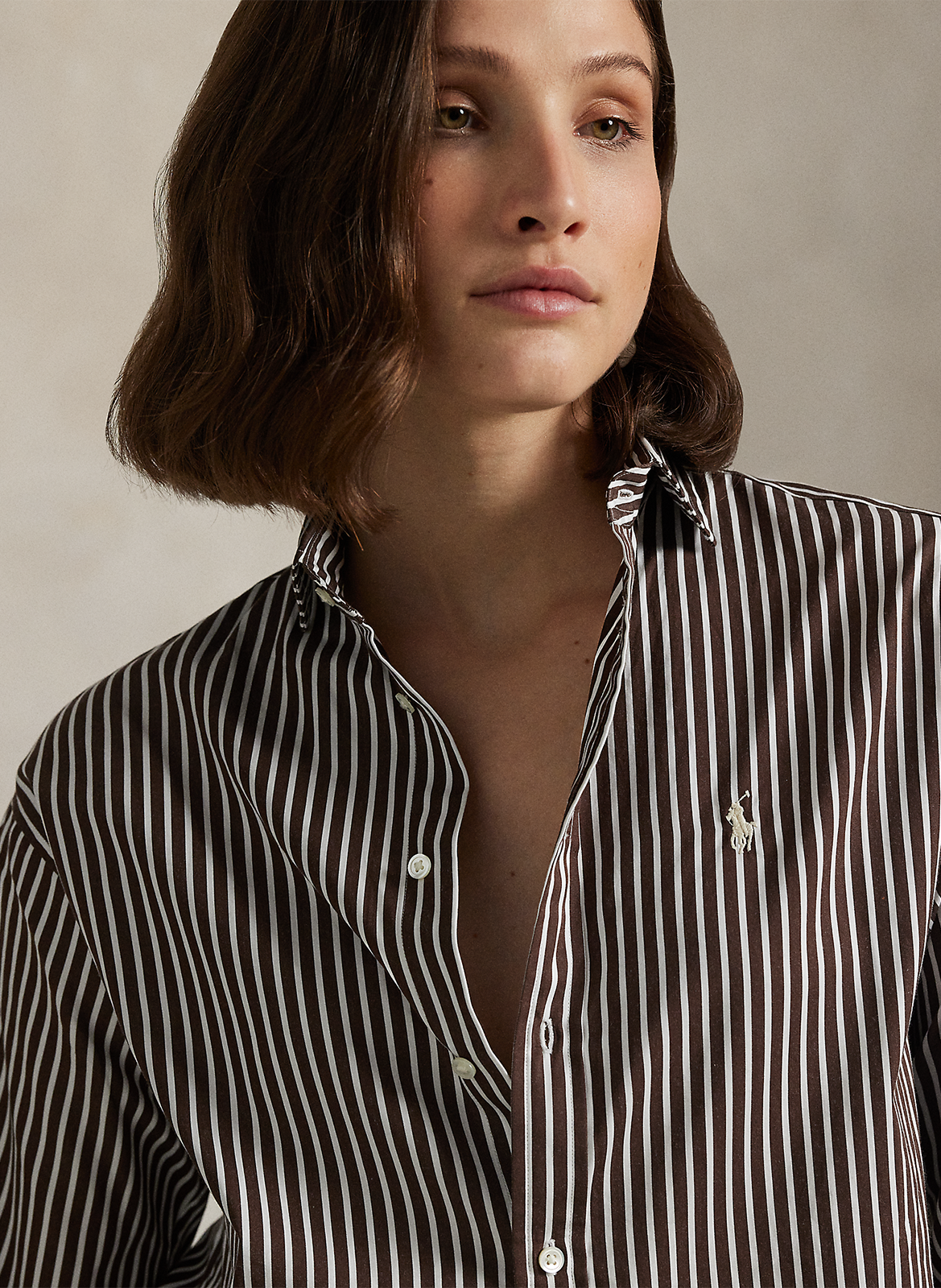 Chemise droite col polo en coton rayé POLO RALPH LAUREN Marron