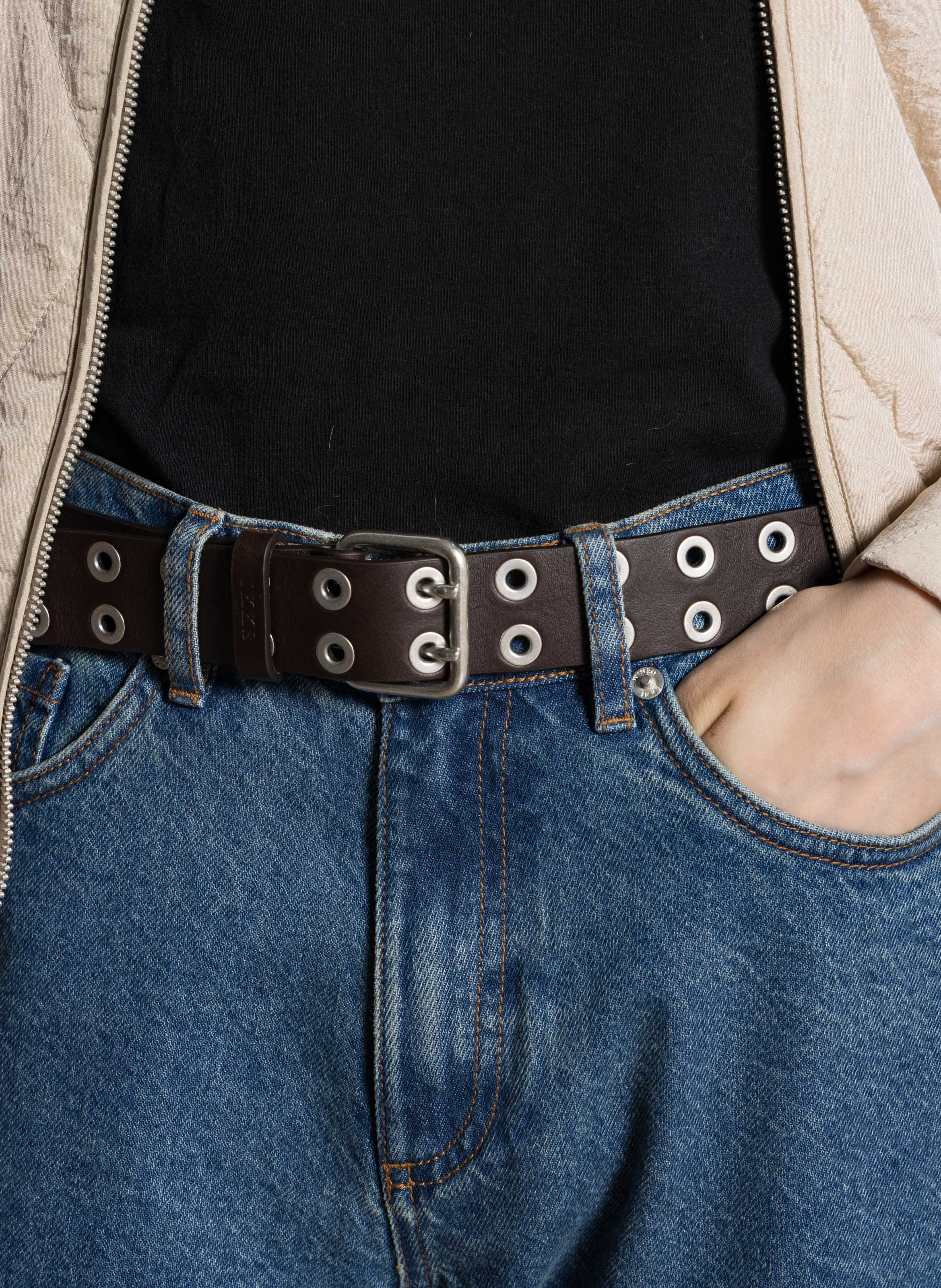 Effen leren riem met studs IKKS Bruin