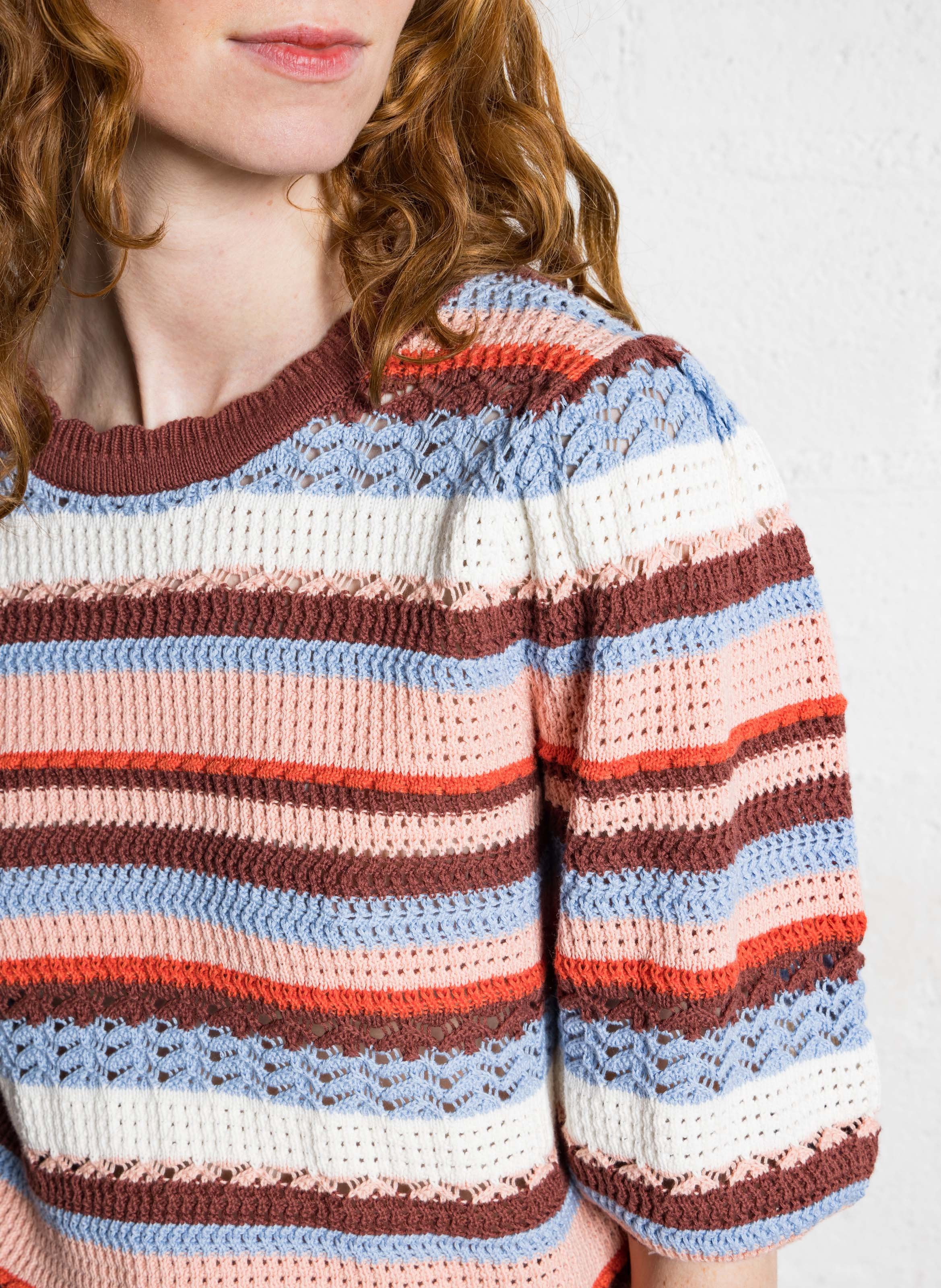 Pull manches courtes rayé en crochet SUNCOO Marron