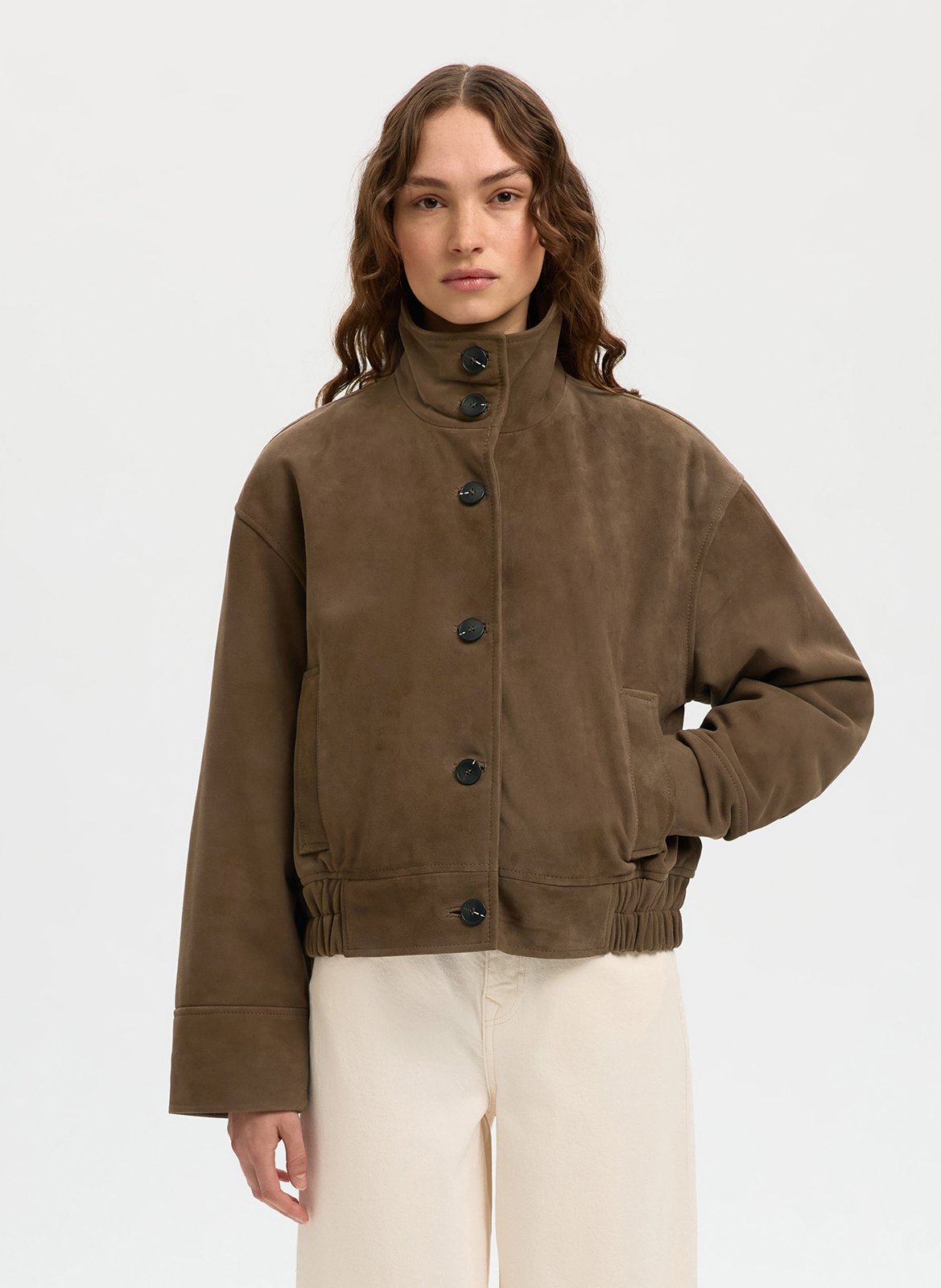 Veste en cuir velours col montant SELECTED Marron