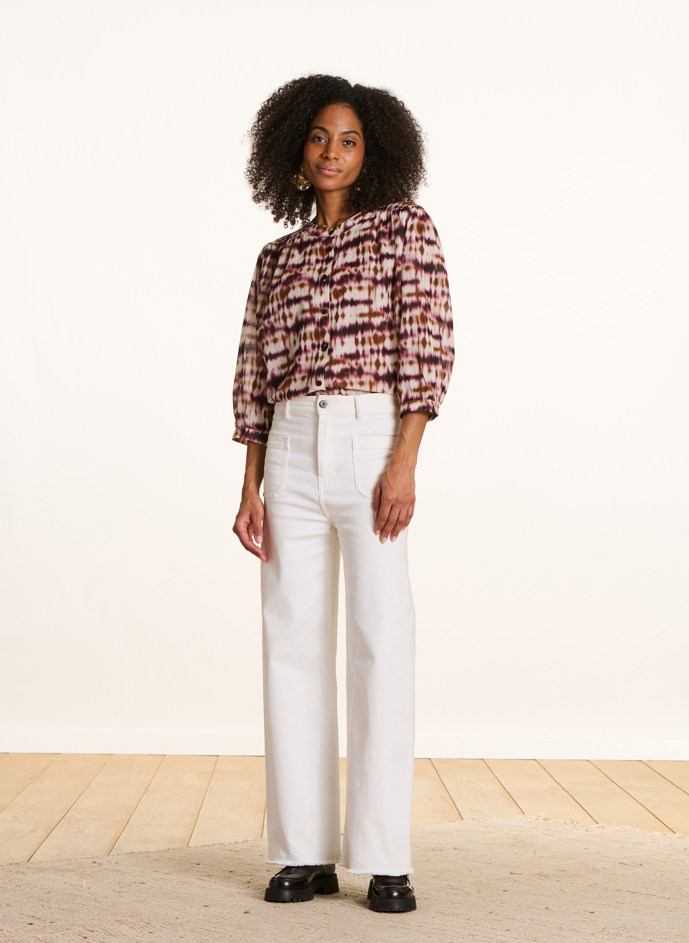 Oversized mandarin collar shirt in printed cotton Multicolored
