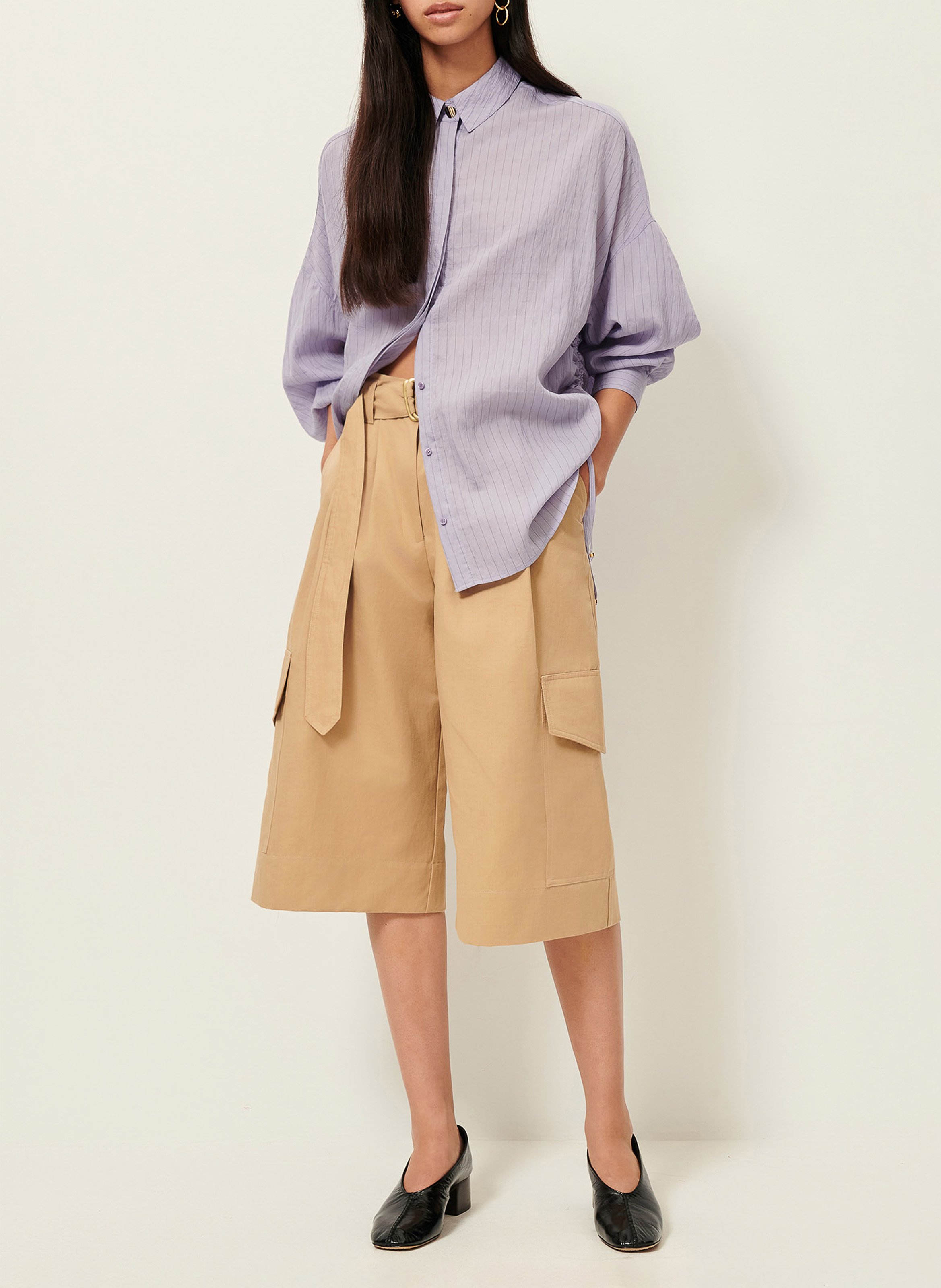 Buttoned striped decorated shirt with long sleeves Purple