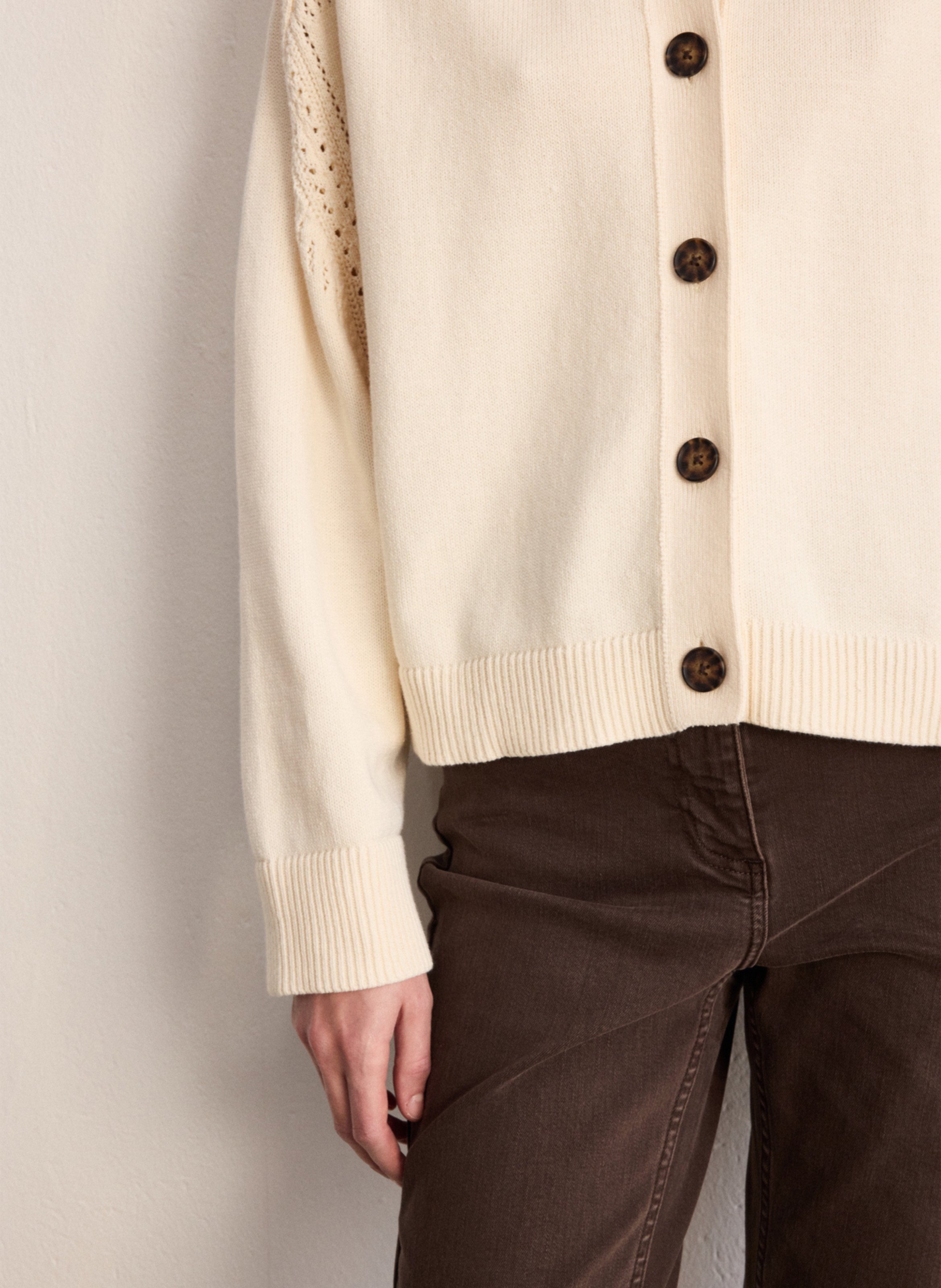 Straight round-neck cotton cardigan PABLO Beige