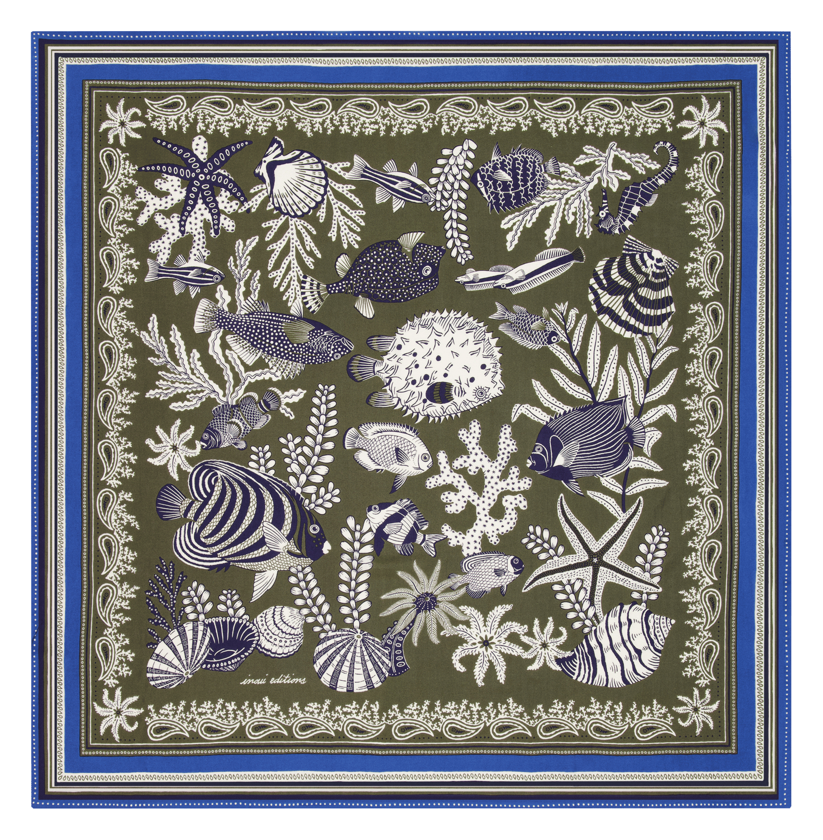 Carré imprimé poissons en coton et soie INOUI EDITIONS Kaki