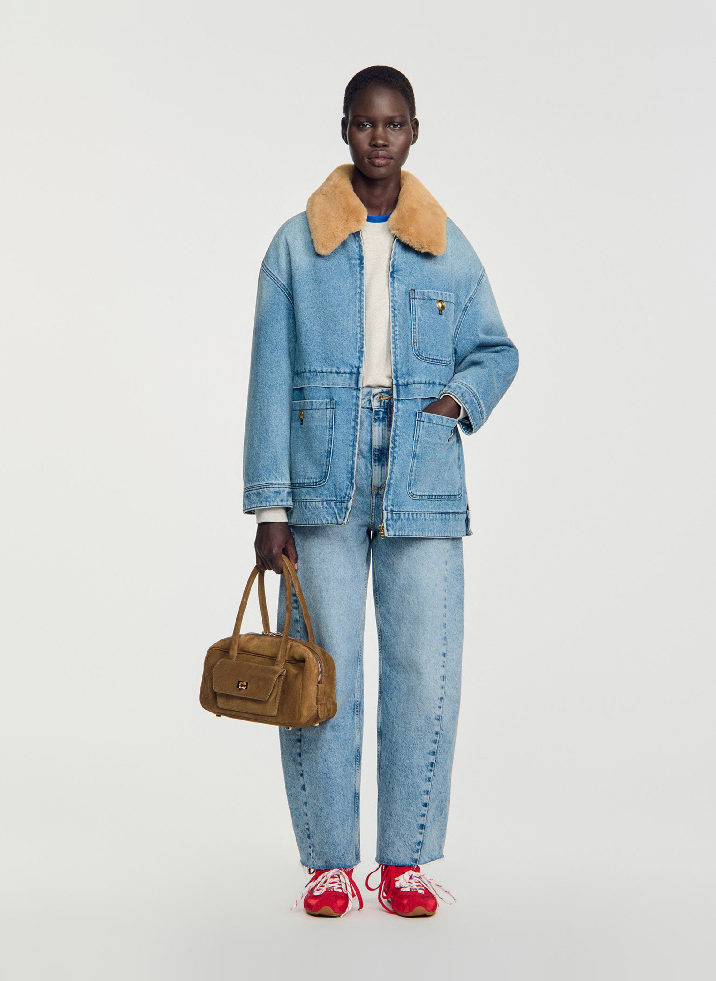 Manteau droit en coton SANDRO Bleu