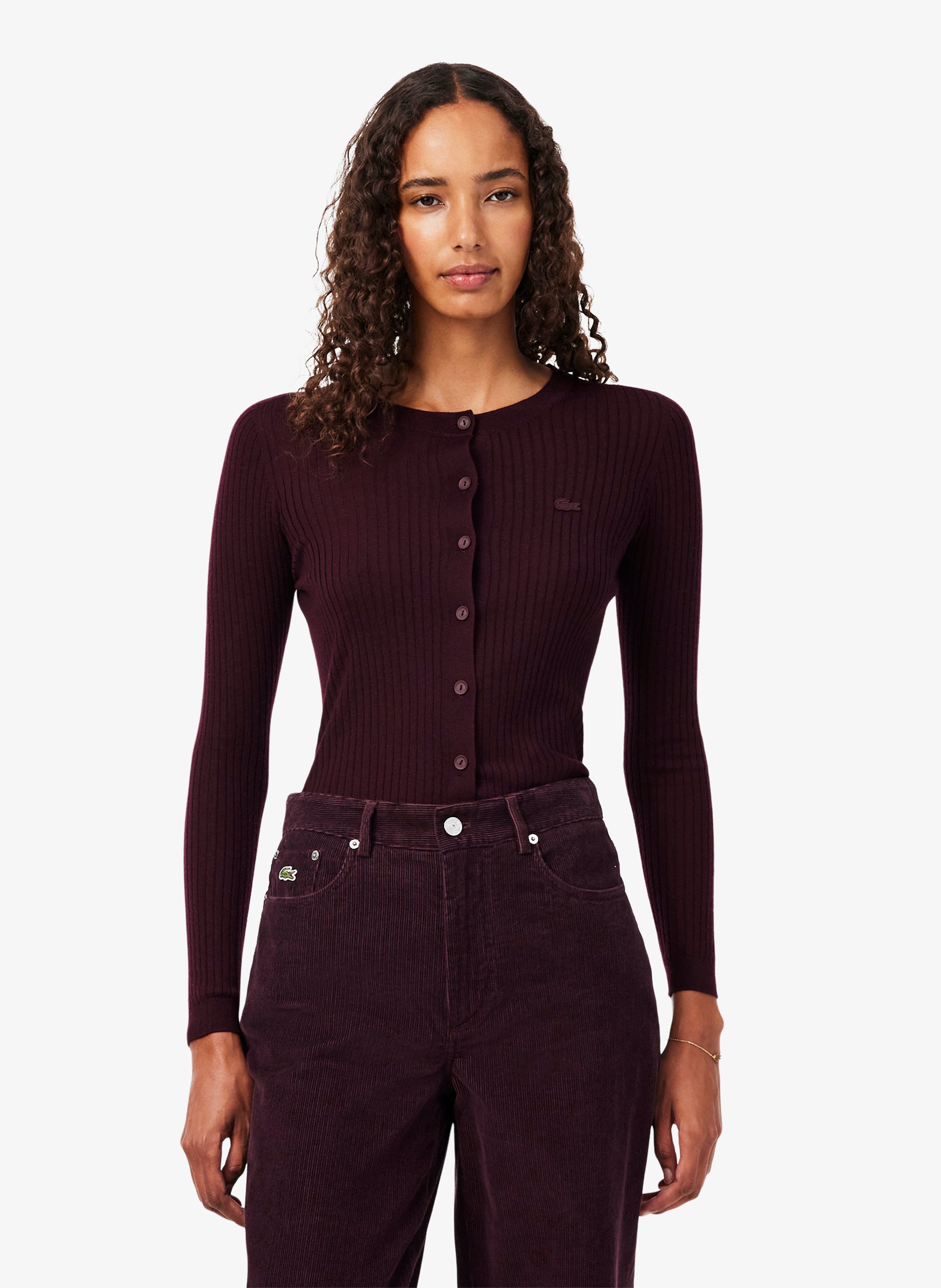 Cardigan moulant côtelé en laine LACOSTE Rouge