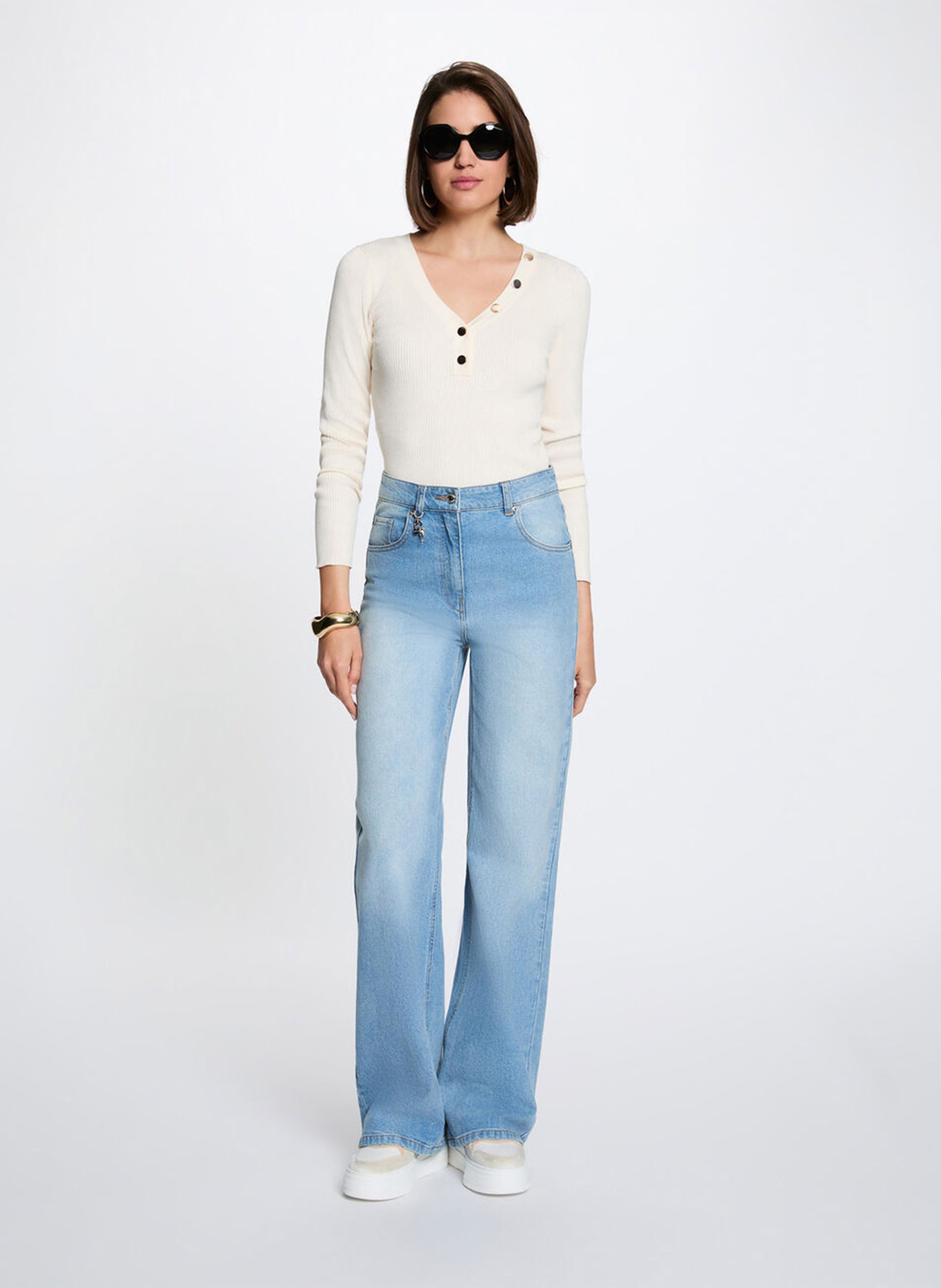 Pull ajusté col V à détails boutons | Beige MORGAN Dames