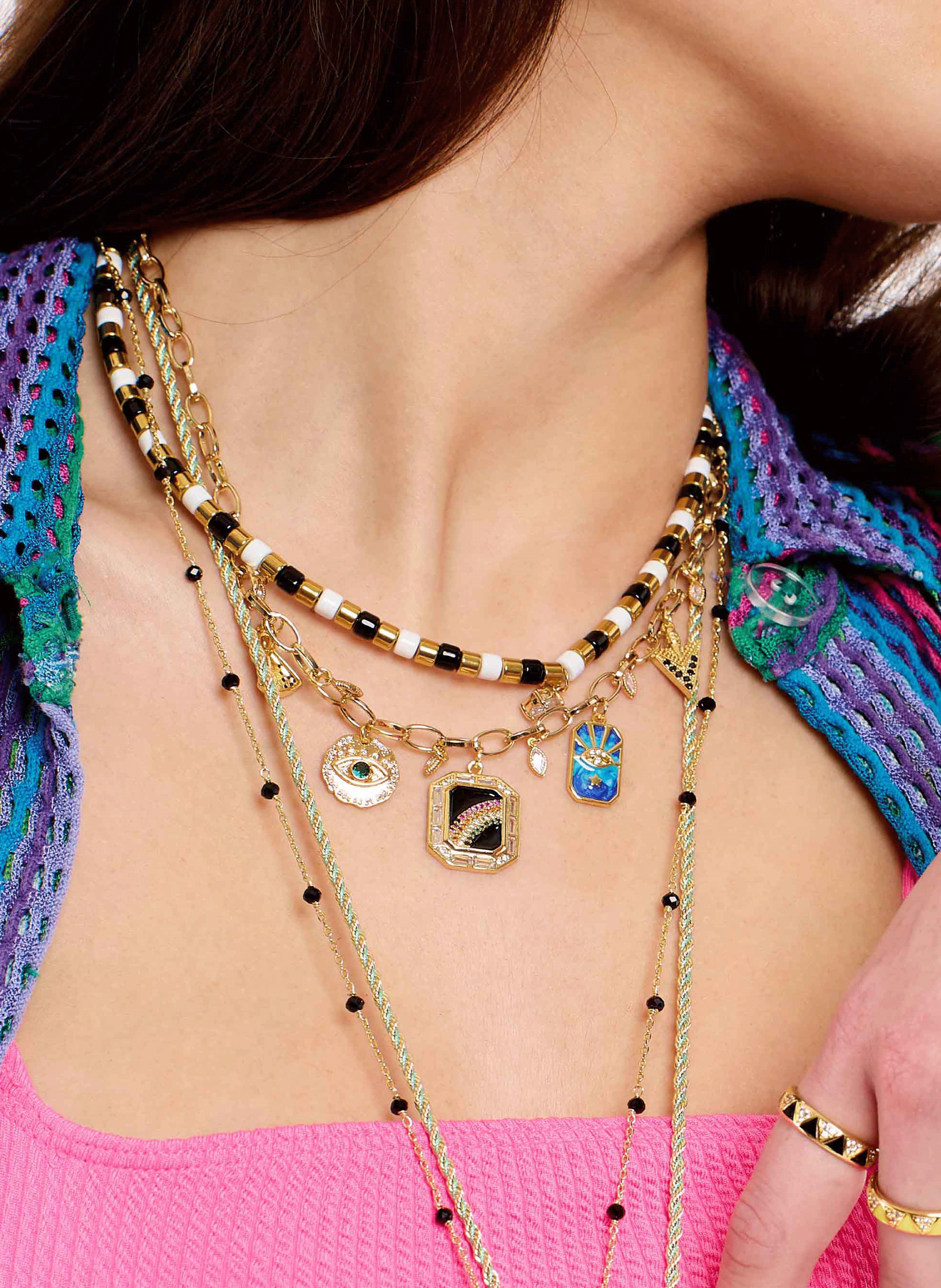 Necklace with pearls and crystal charm Black