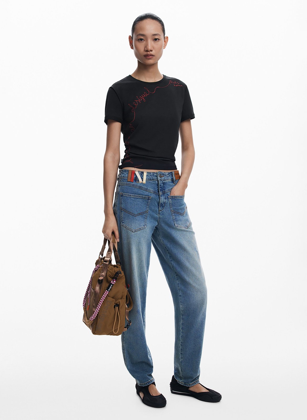 Tee-shirt col rond en coton mélangé DESIGUAL Noir