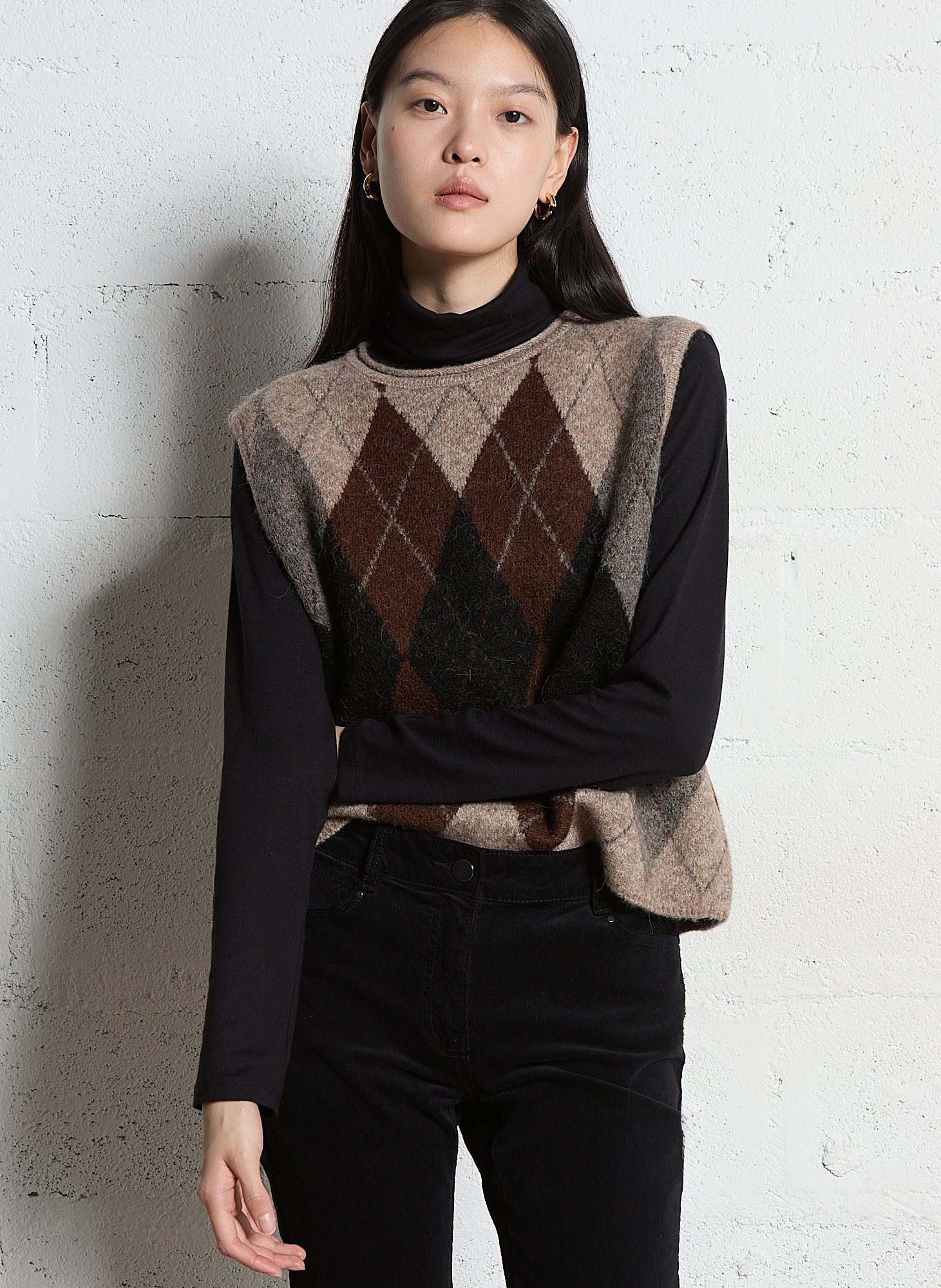 Pull sans manches col rond en jacquard  MAISON 123 Marron