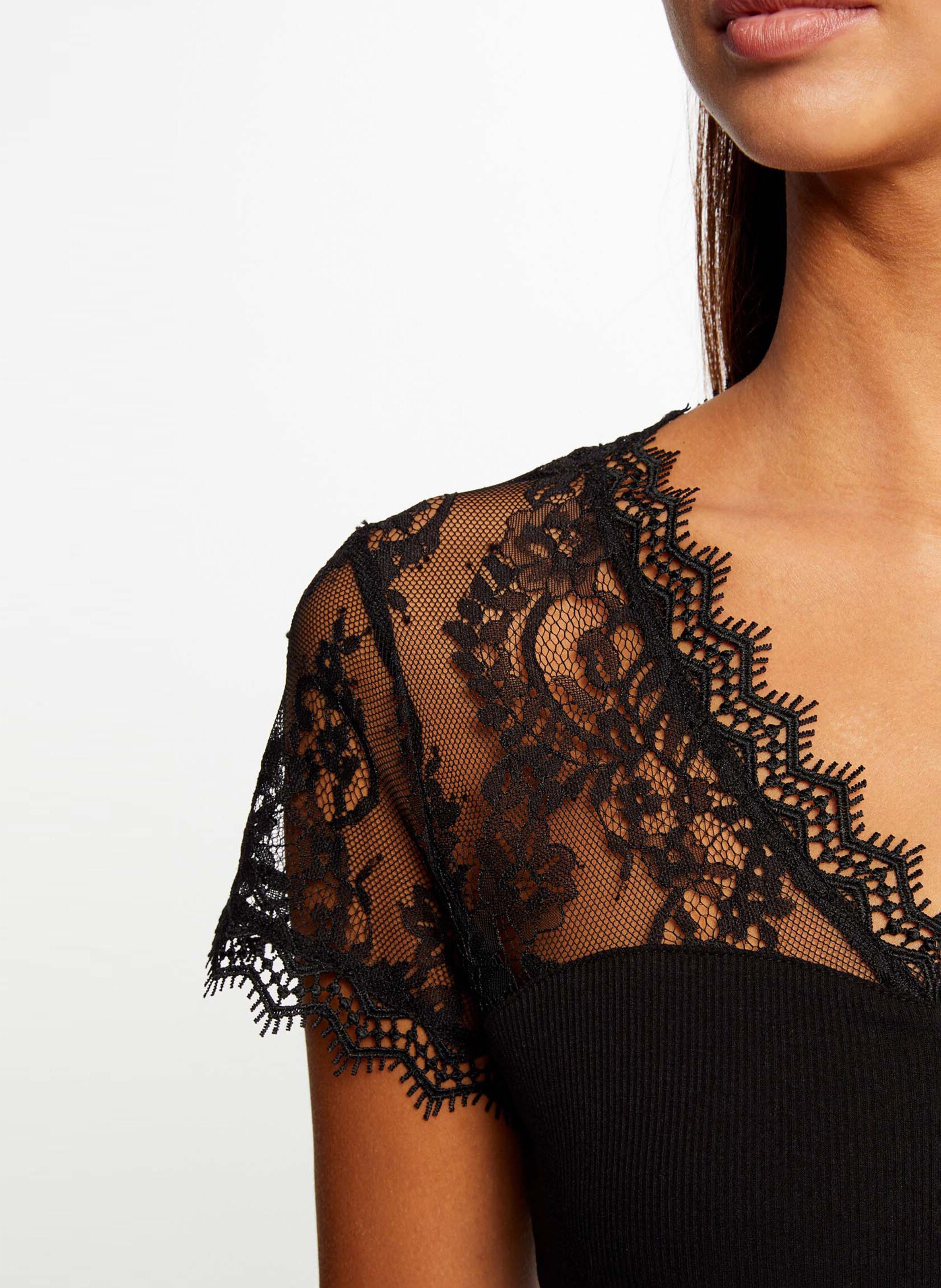 V-neck lace T-shirt MORGAN Black