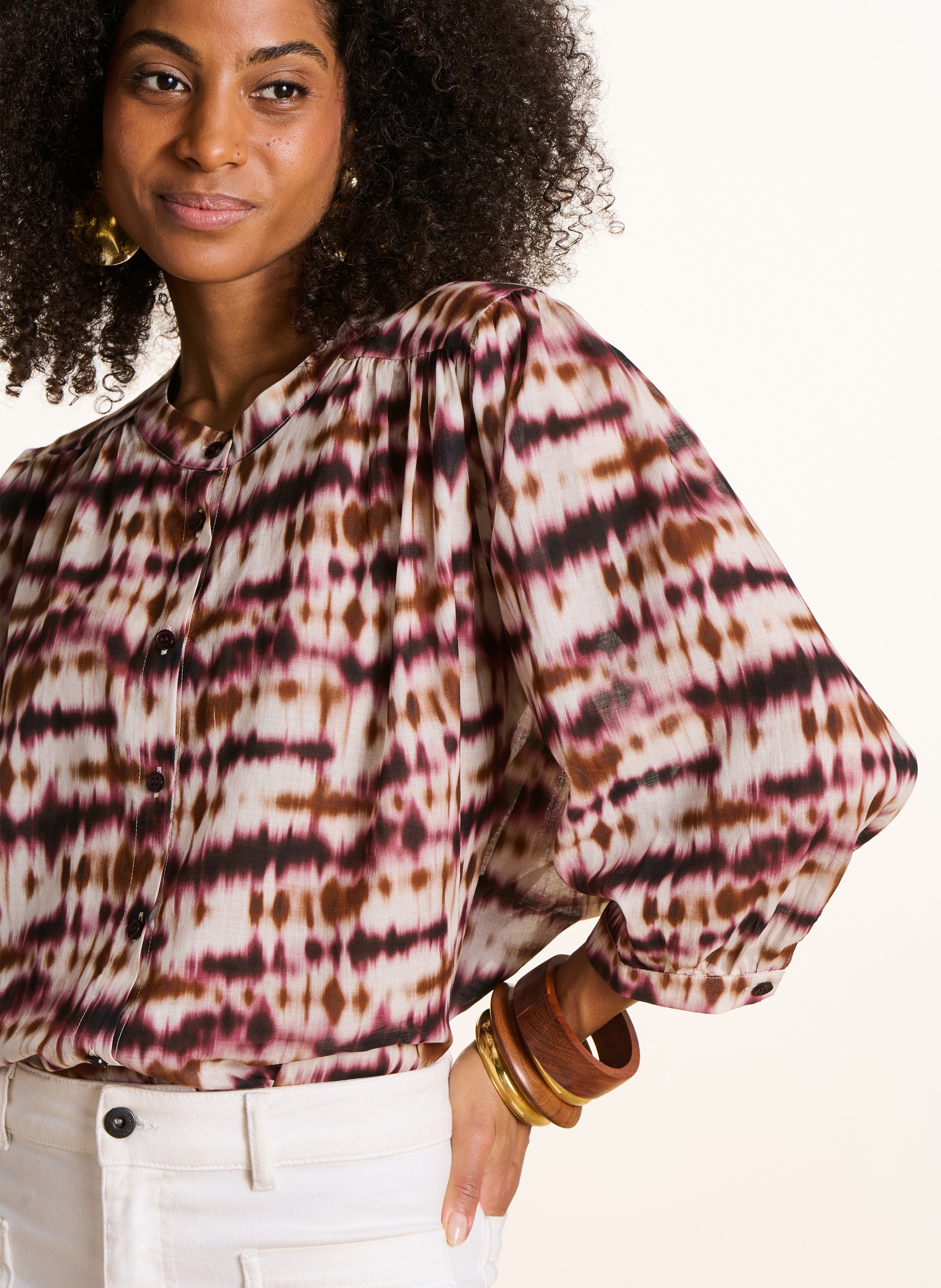 Oversized mandarin collar shirt in printed cotton Multicolored