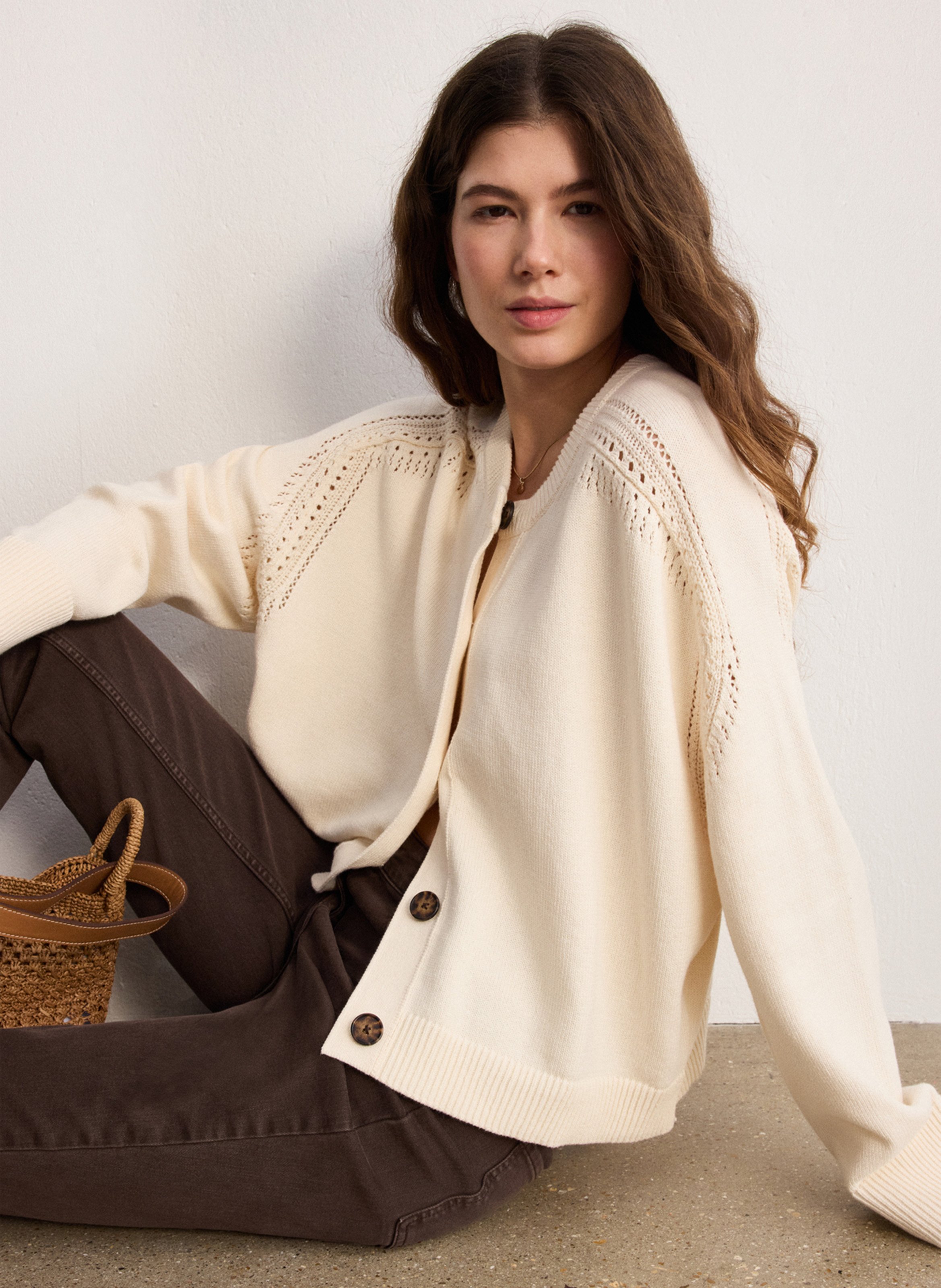 Straight round-neck cotton cardigan PABLO Beige