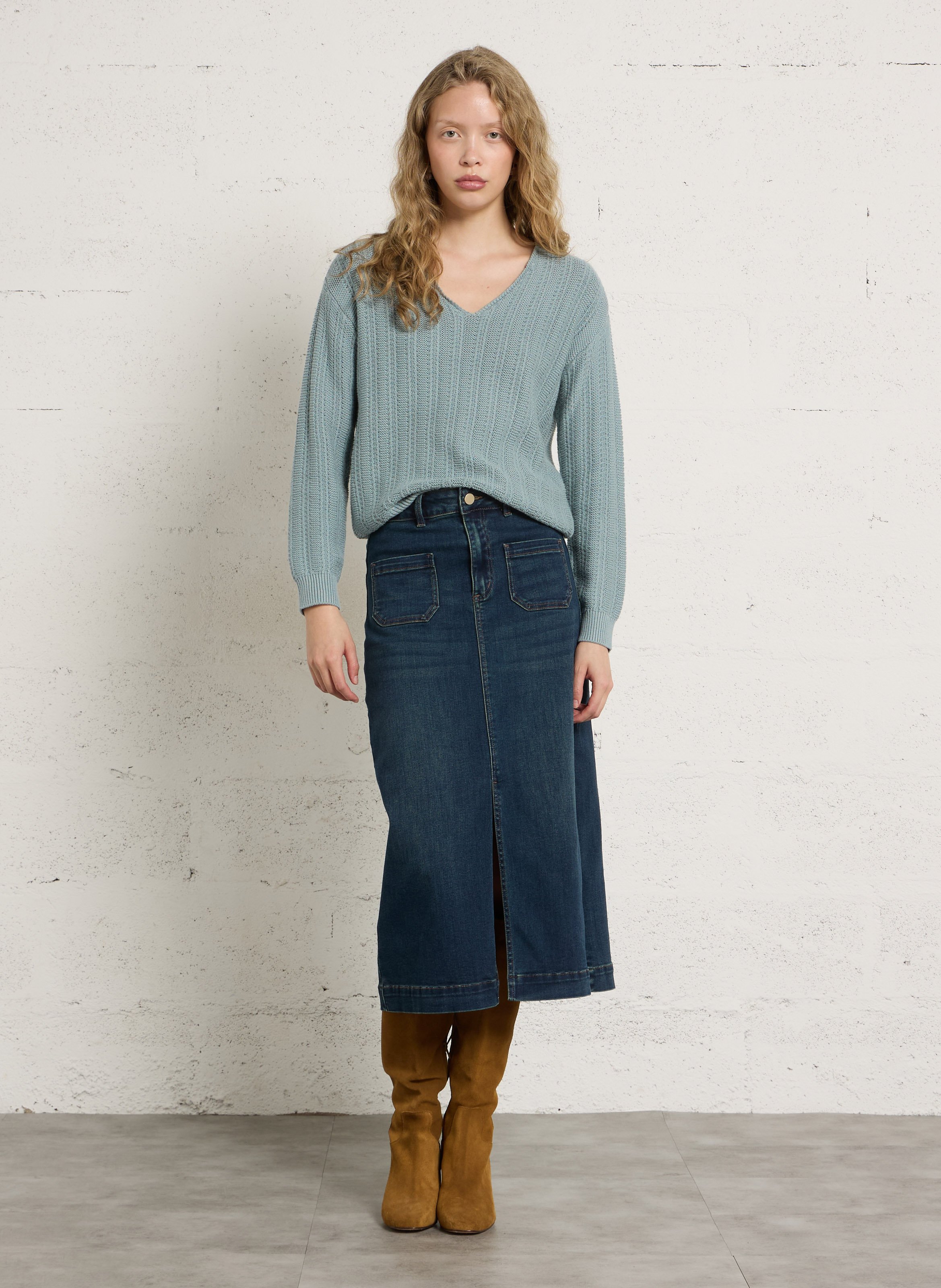 Straight V-neck cotton sweater SUD EXPRESS Blue
