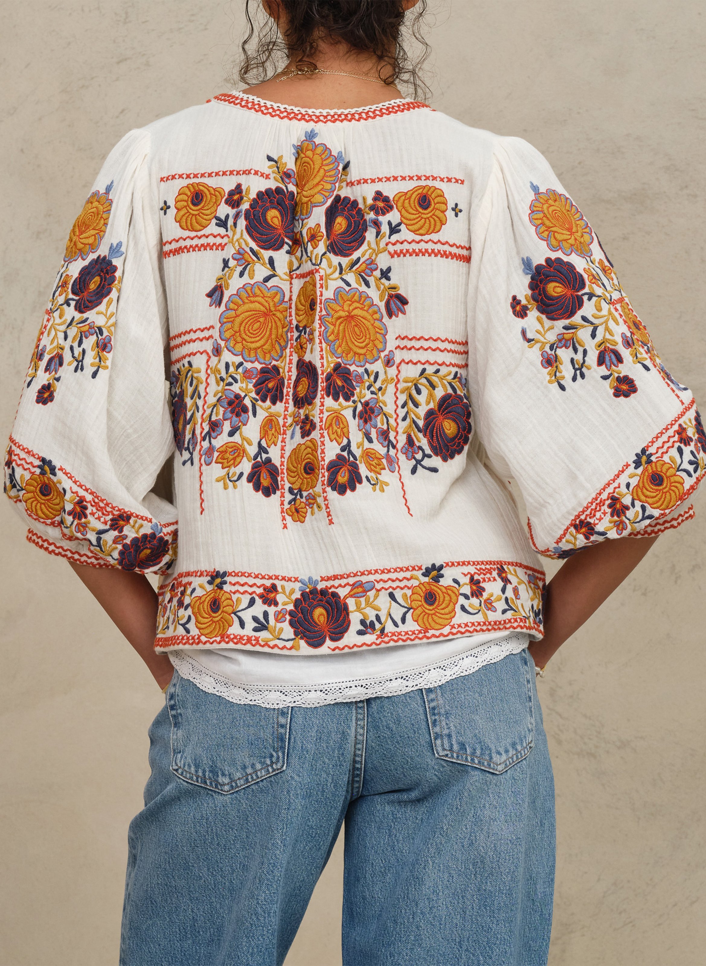 Veste oversize col rond en coton brodé M.A.B.E Blanc