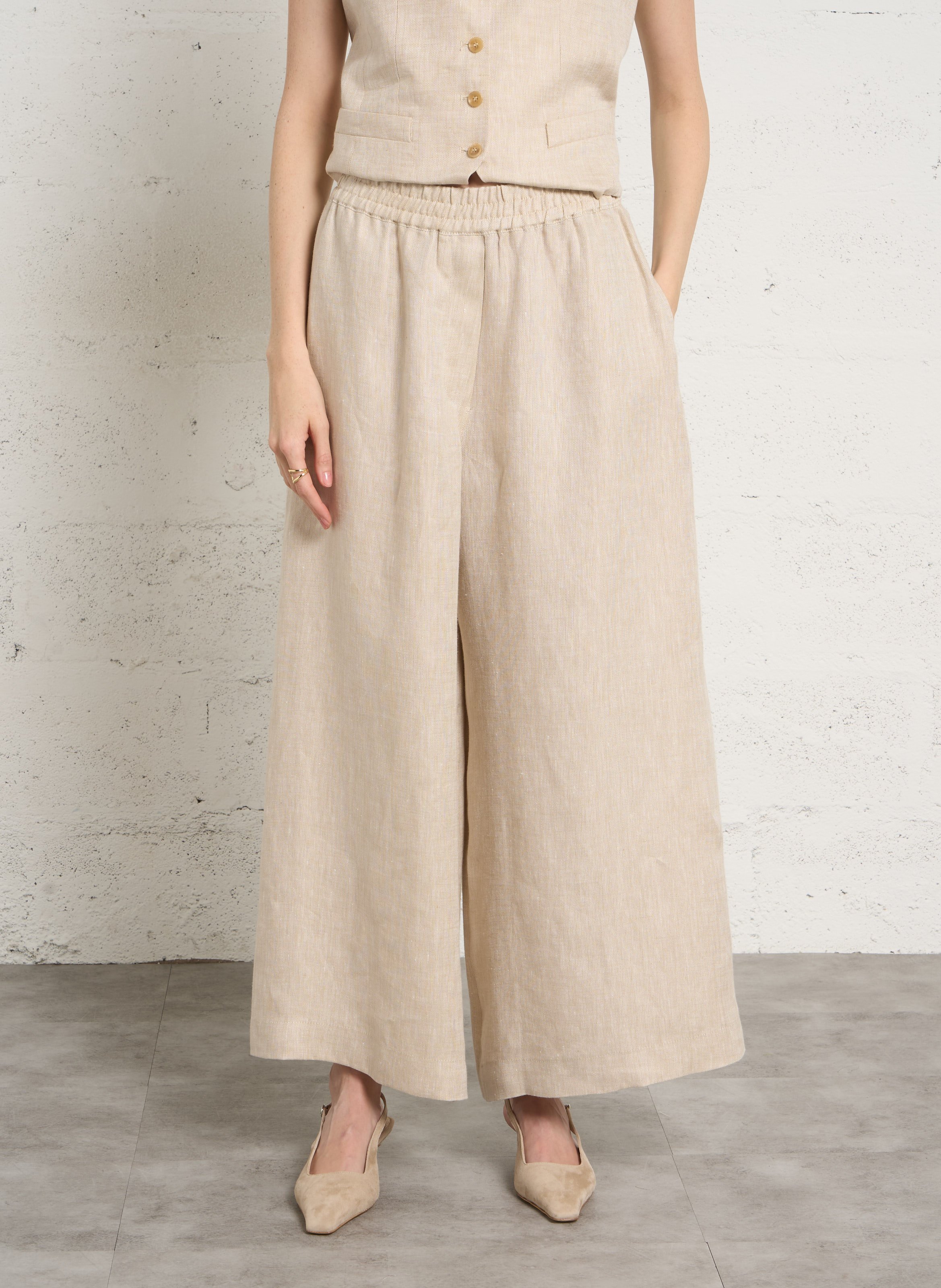 Wijde linnen broek met elastische tailleband MAX MARA WEEK END Beige