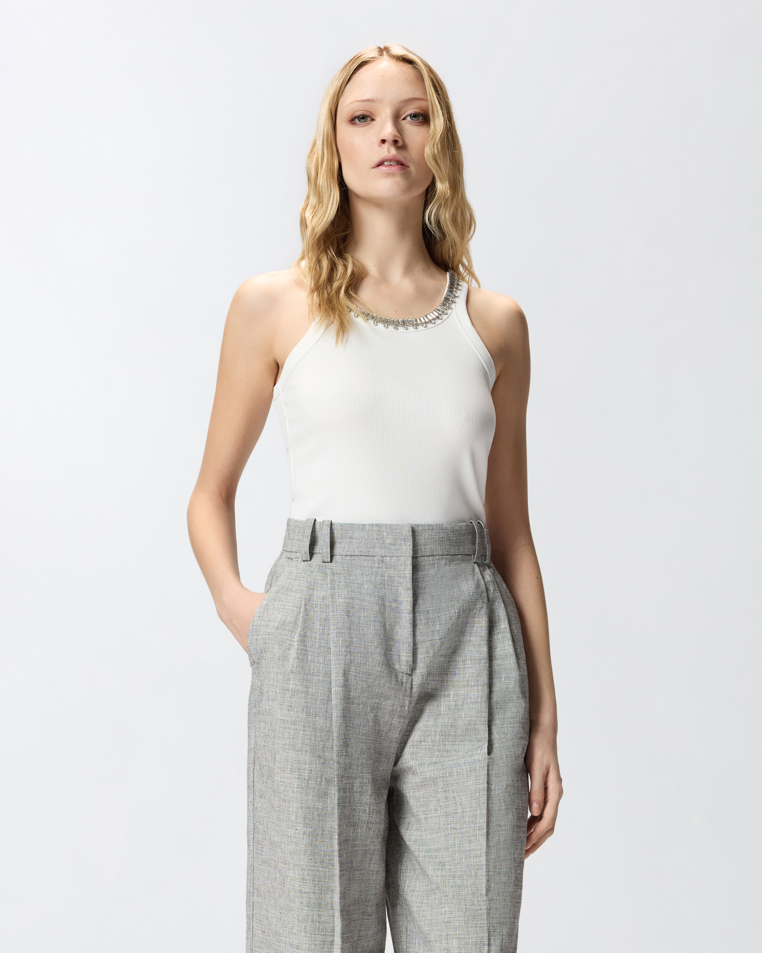 Top côtelé avec broderies bijoux PINKO Blanc