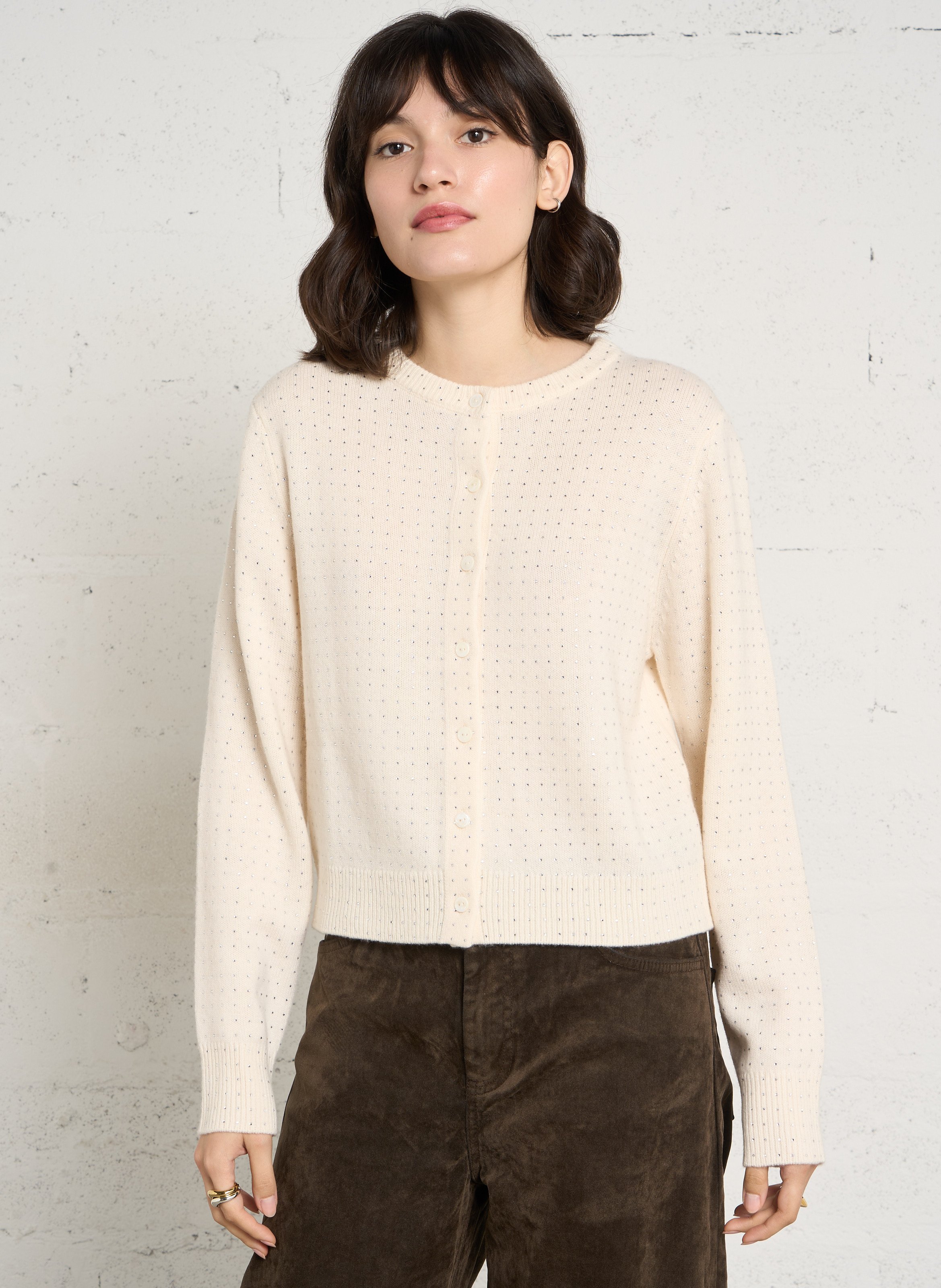 Straight rhinestone-embellished wool cardigan BERENICE White