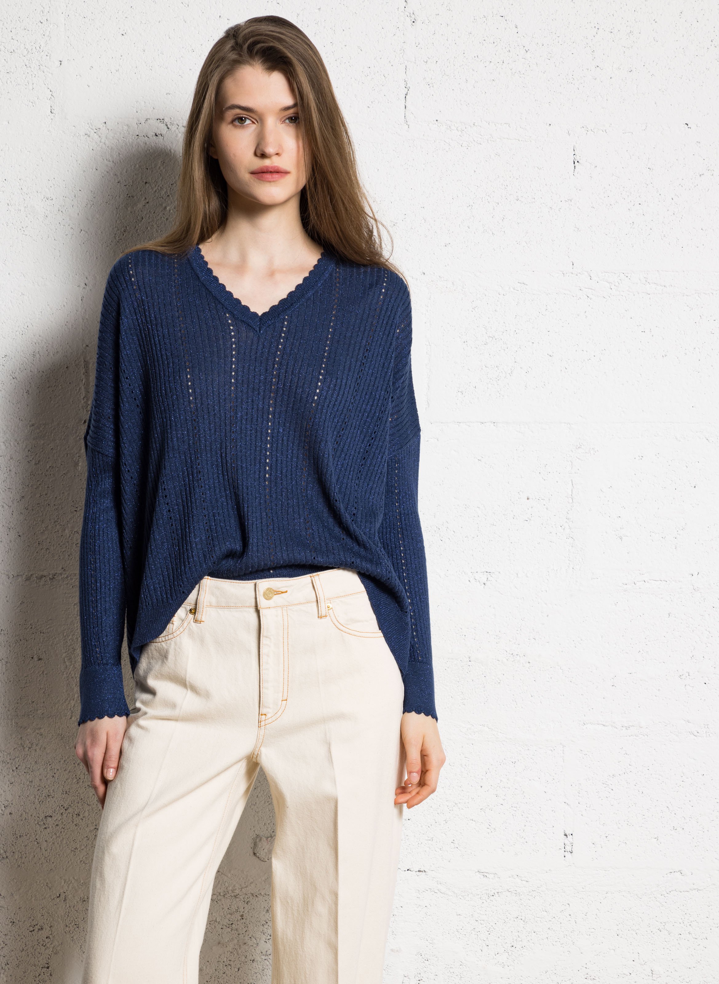Pull oversize col V I CODE Bleu