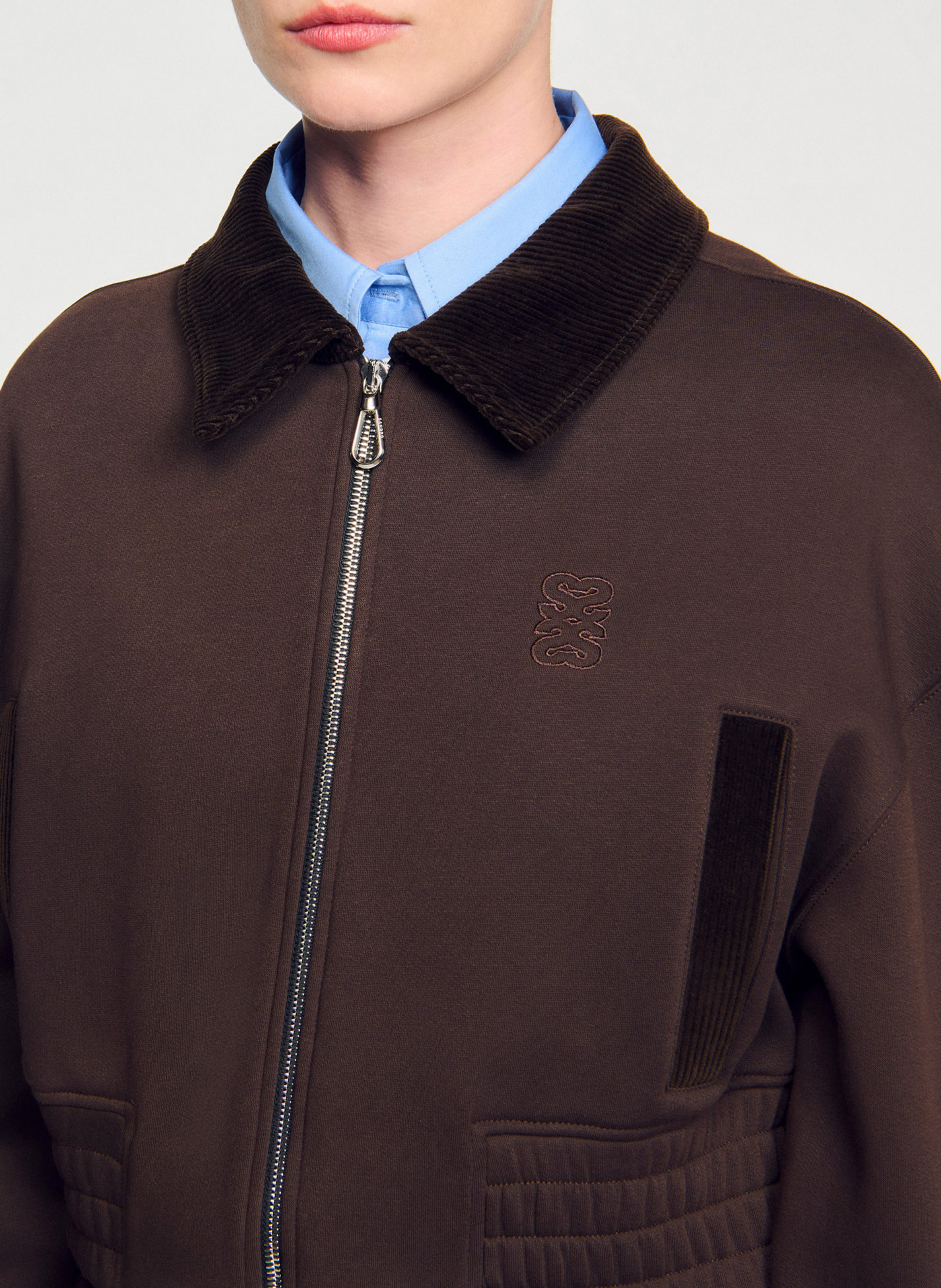 Sweat zippé col classique en coton mélangé SANDRO Marron