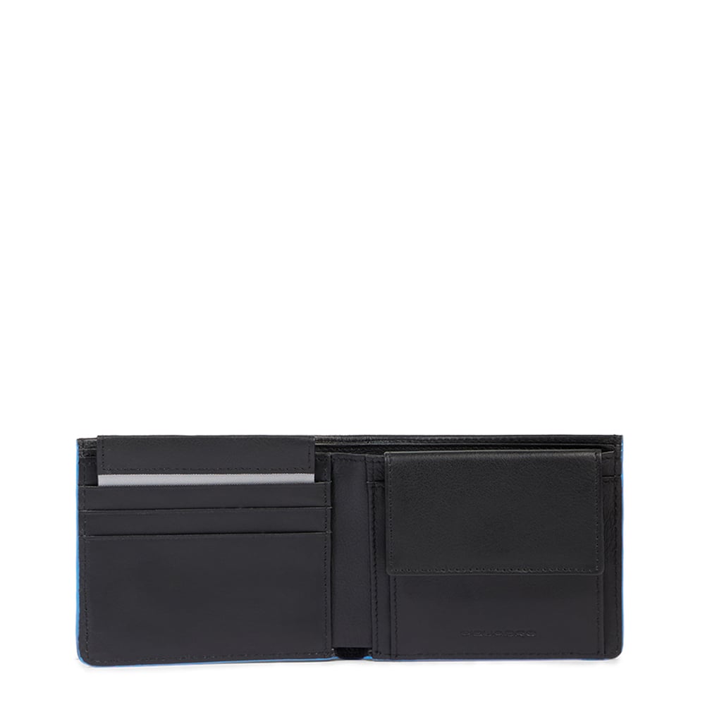 Men's wallet with coin pocket, credit card slots, removable flap, and RFID protection PIQUADRO