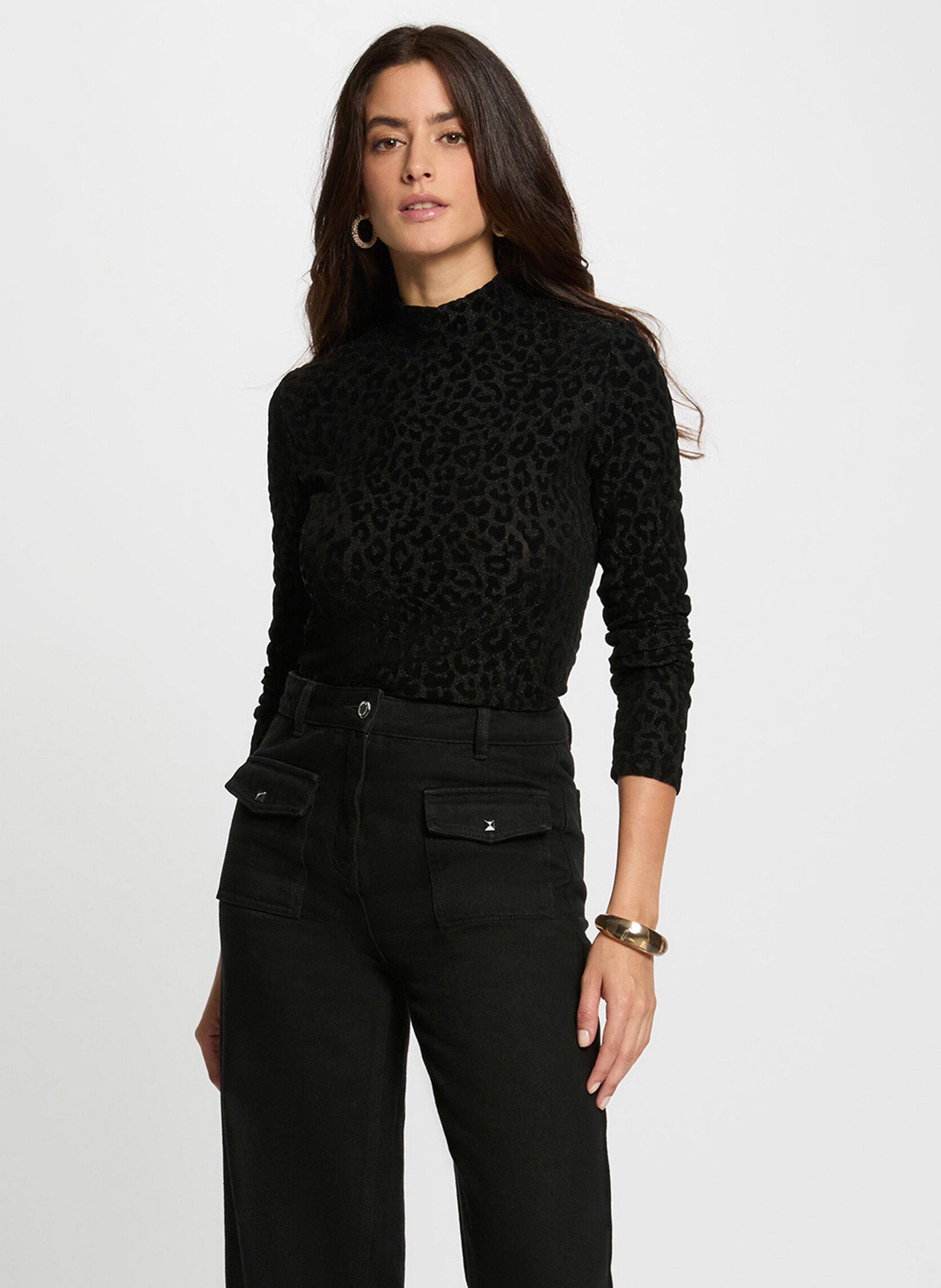 Fitted top in printed jacquard MORGAN Black