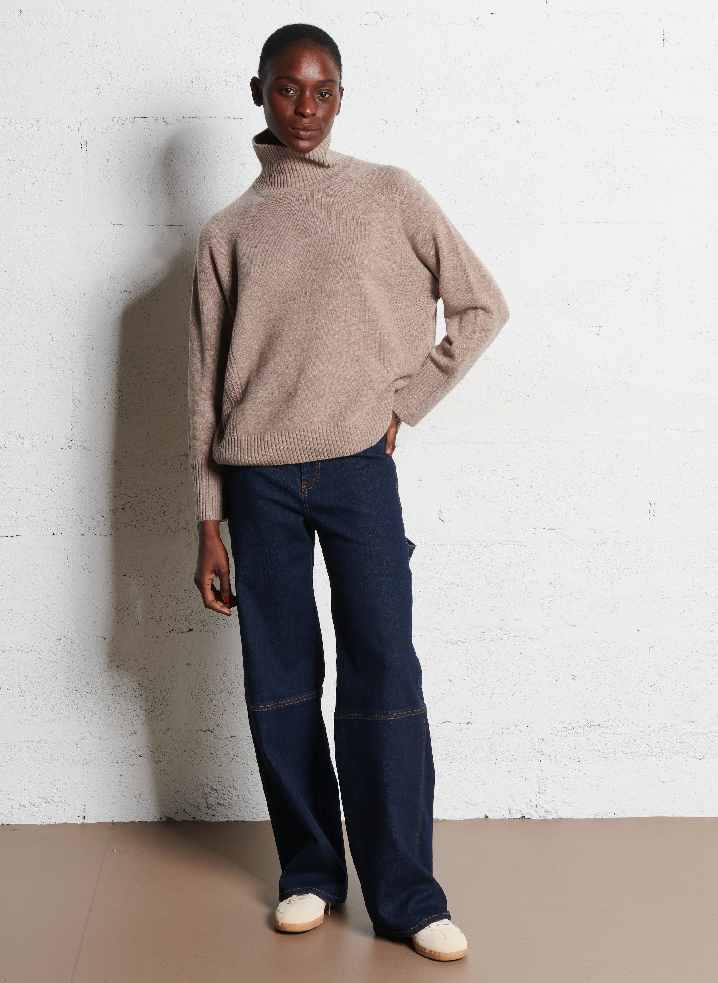 Boat-neck contrast-knit wool sweater  DES PETITS HAUTS Beige