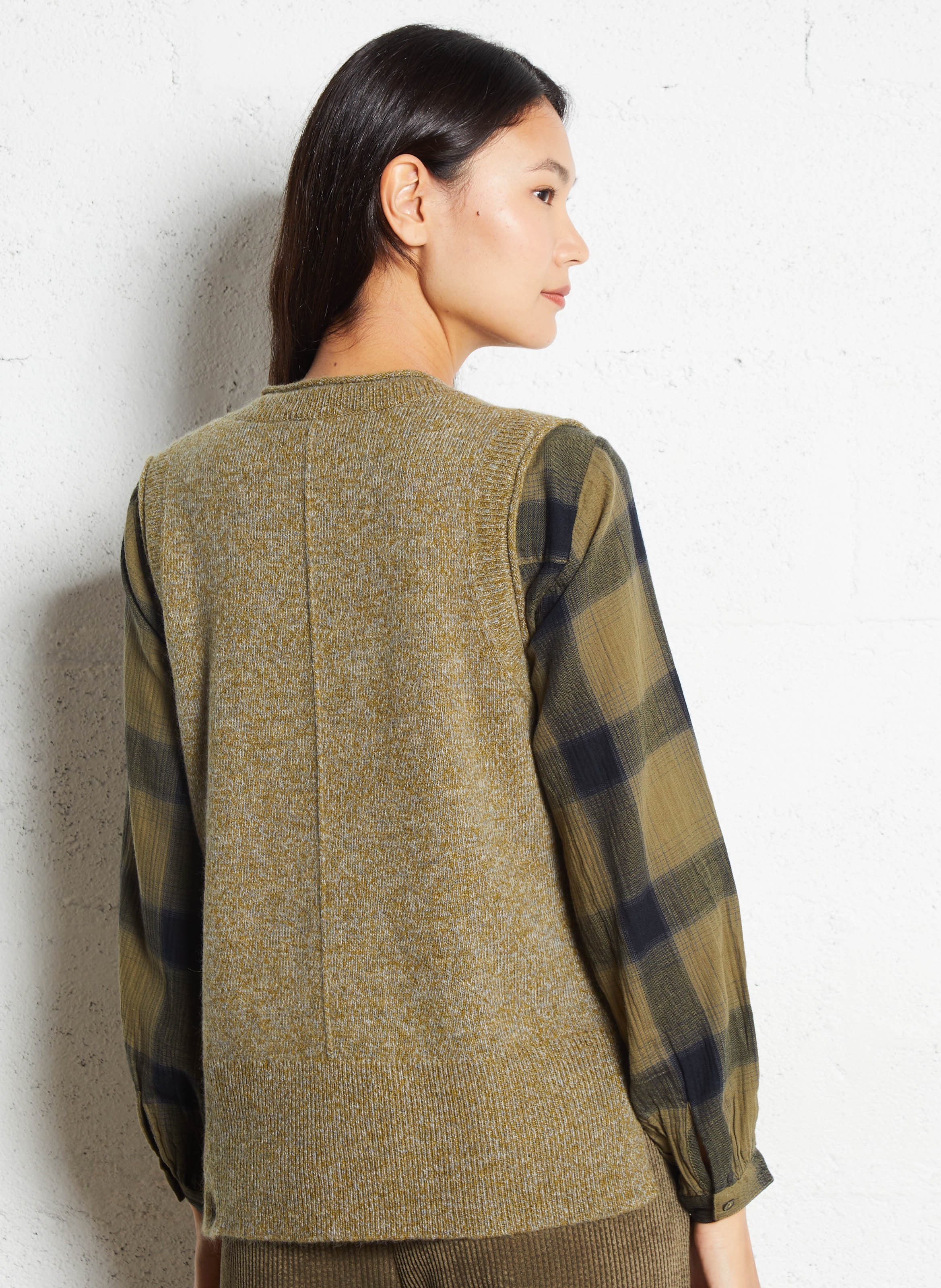 Pull col V sans manches uni en laine MAISON 123 Vert