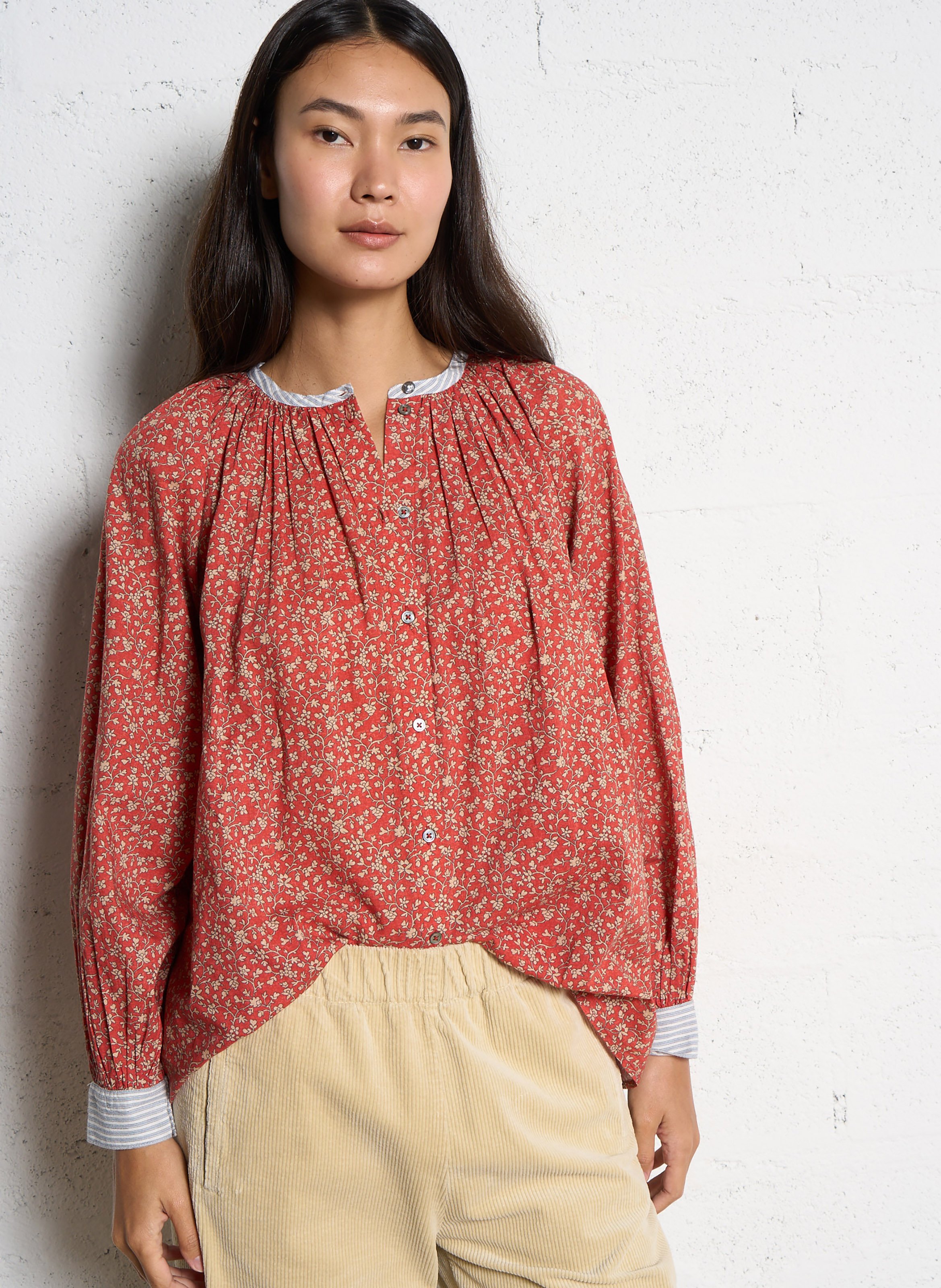 Round neck floral print cotton blouse HOD PARIS Red
