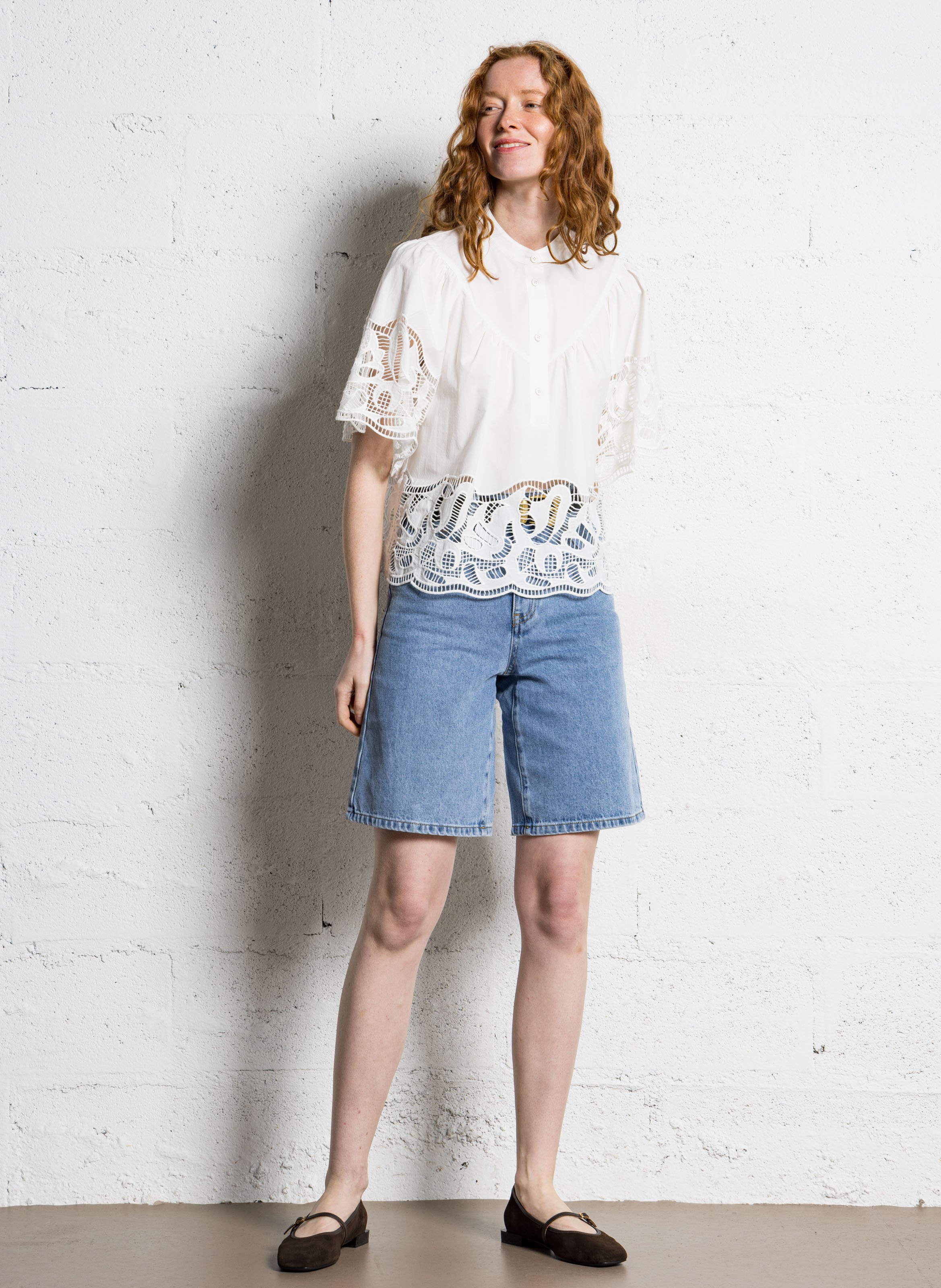 Blouse ample col mao en coton bio SUNCOO Blanc