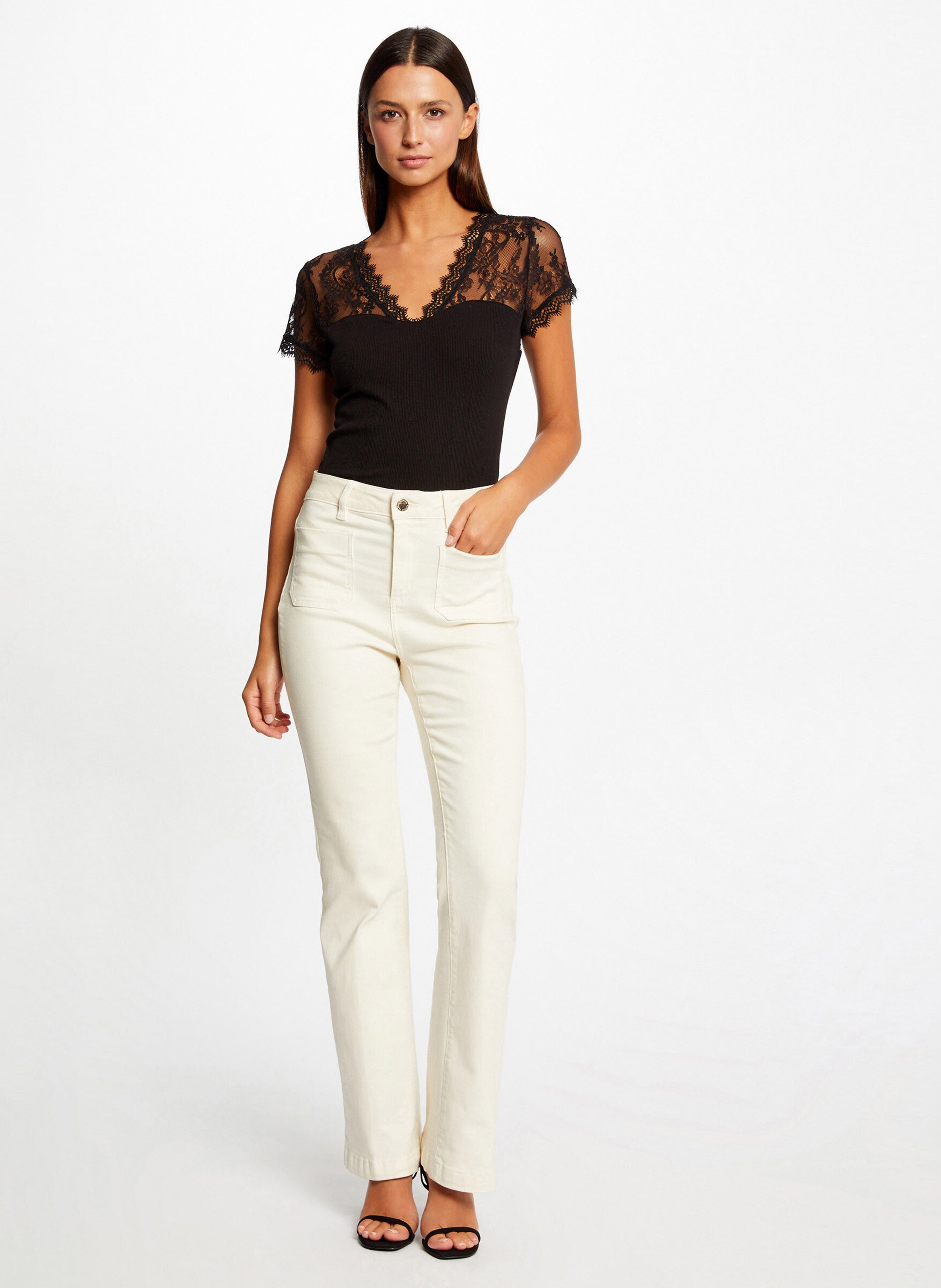 V-neck lace T-shirt MORGAN Black