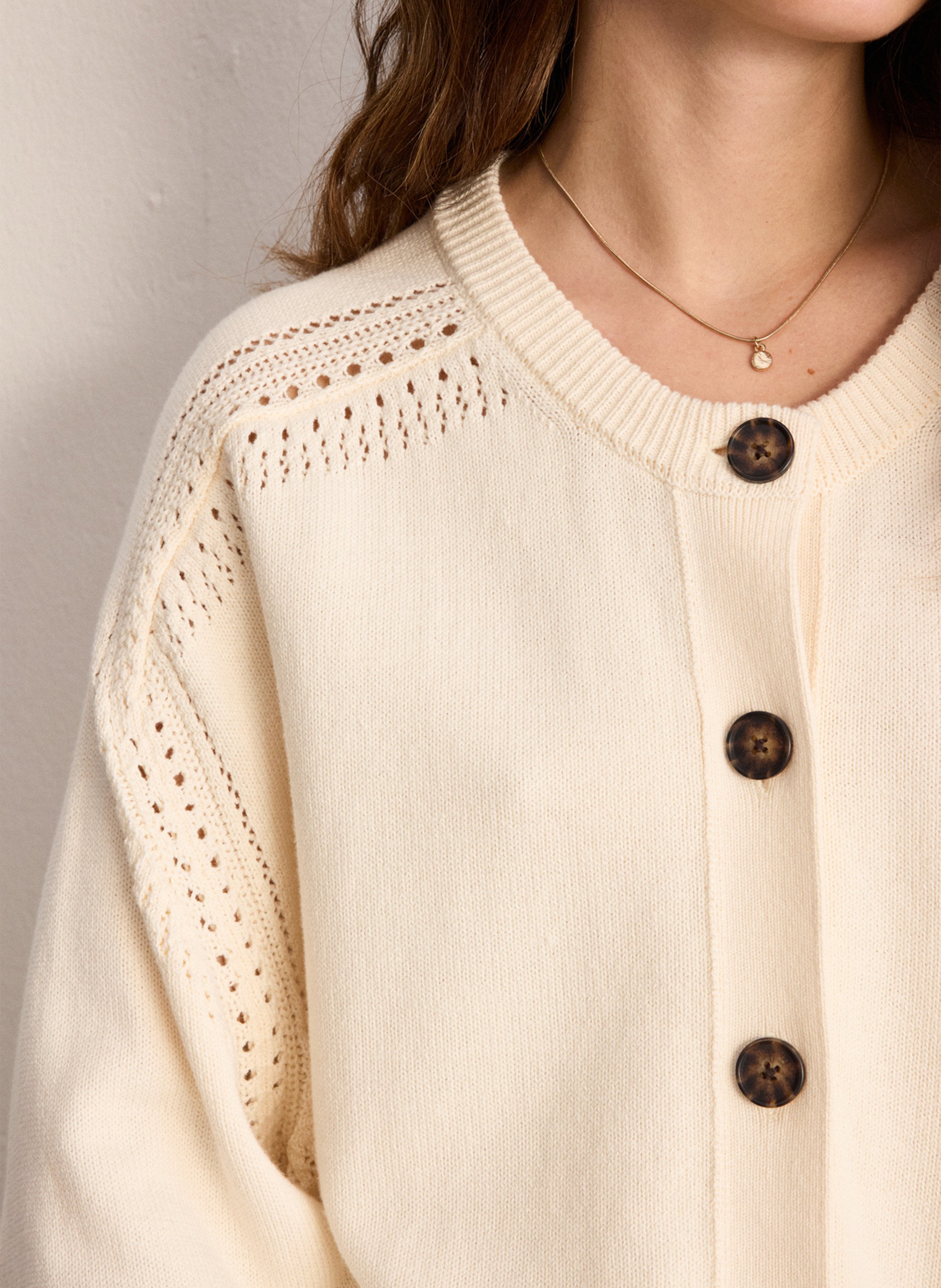 Straight round-neck cotton cardigan PABLO Beige