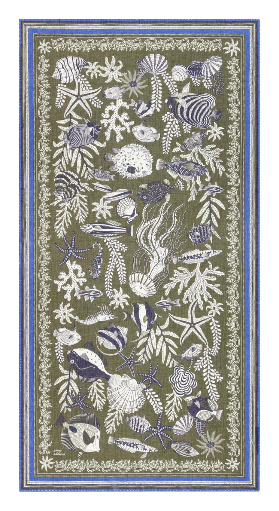 Foulard imprimé poissons en coton INOUI EDITIONS Kaki